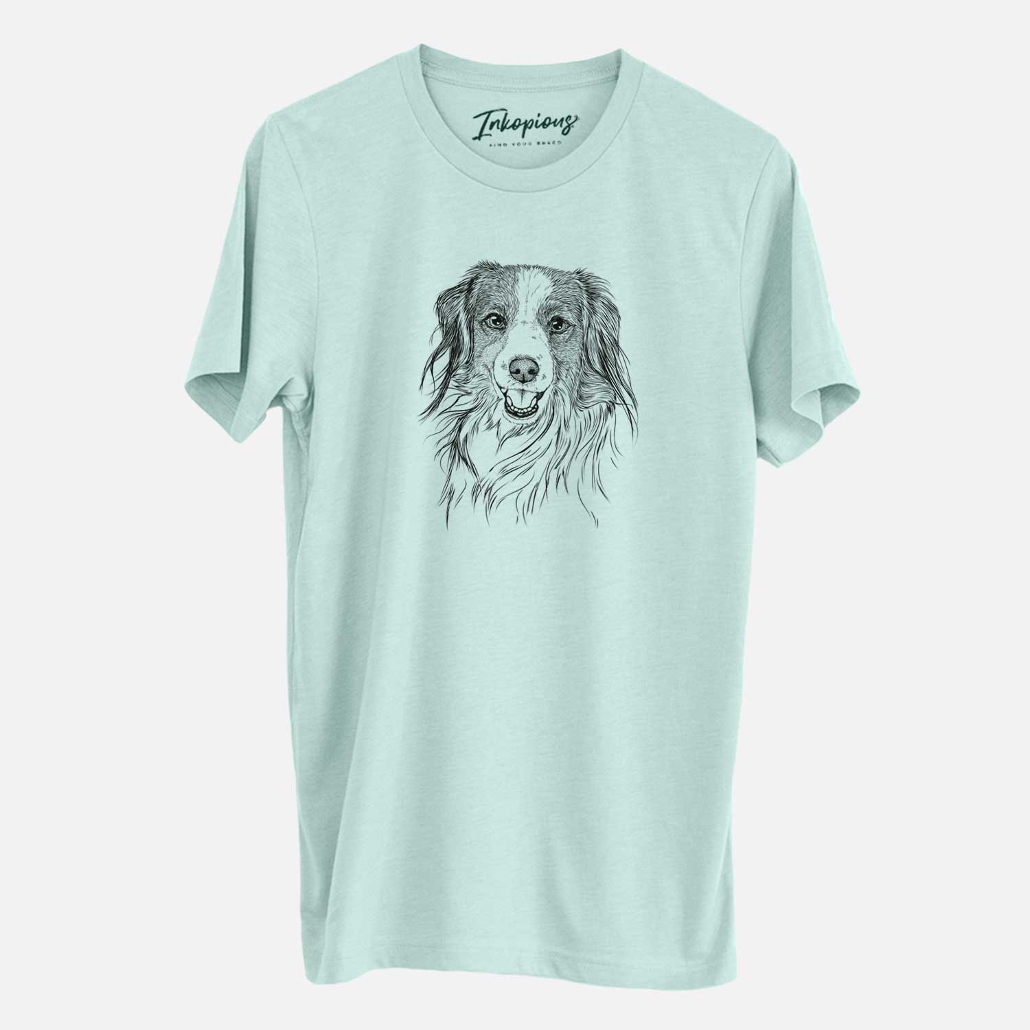 Hand-drawn sketch of Rutger the Nederlandse Kooikerhondje on a Heather Sage Unisex crewneck