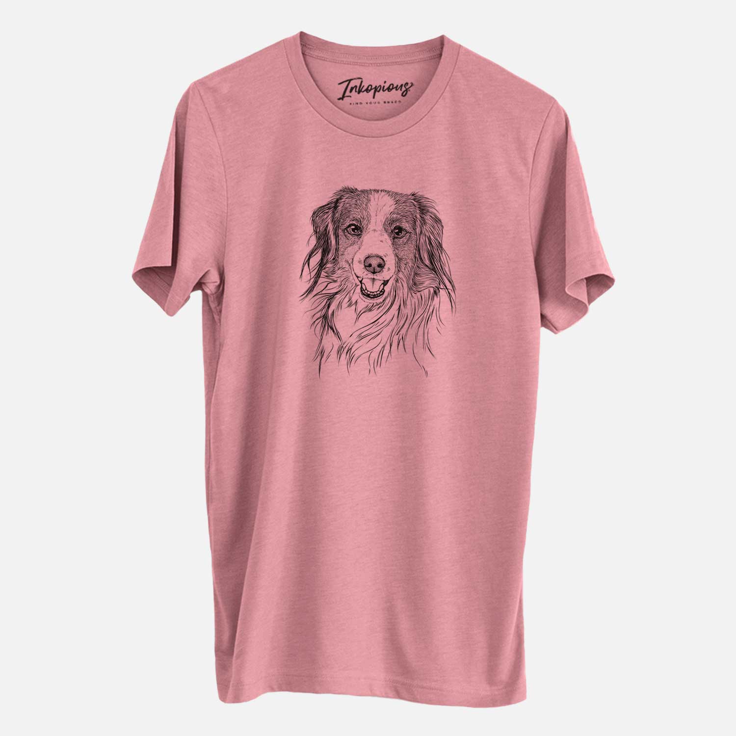 Hand-drawn sketch of Rutger the Nederlandse Kooikerhondje on a Mauve Unisex crewneck