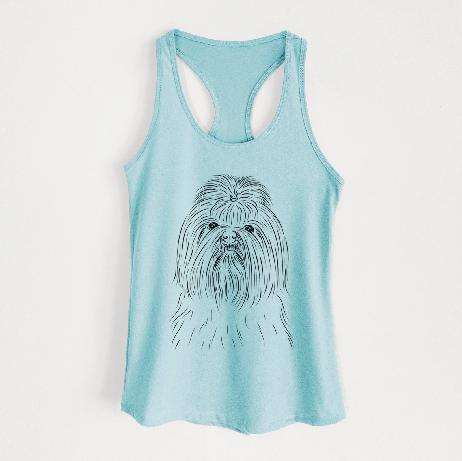 Hand-drawn sketch of Sabine the Shih Tzu on a Cancun Blue Women's racerback tanktop