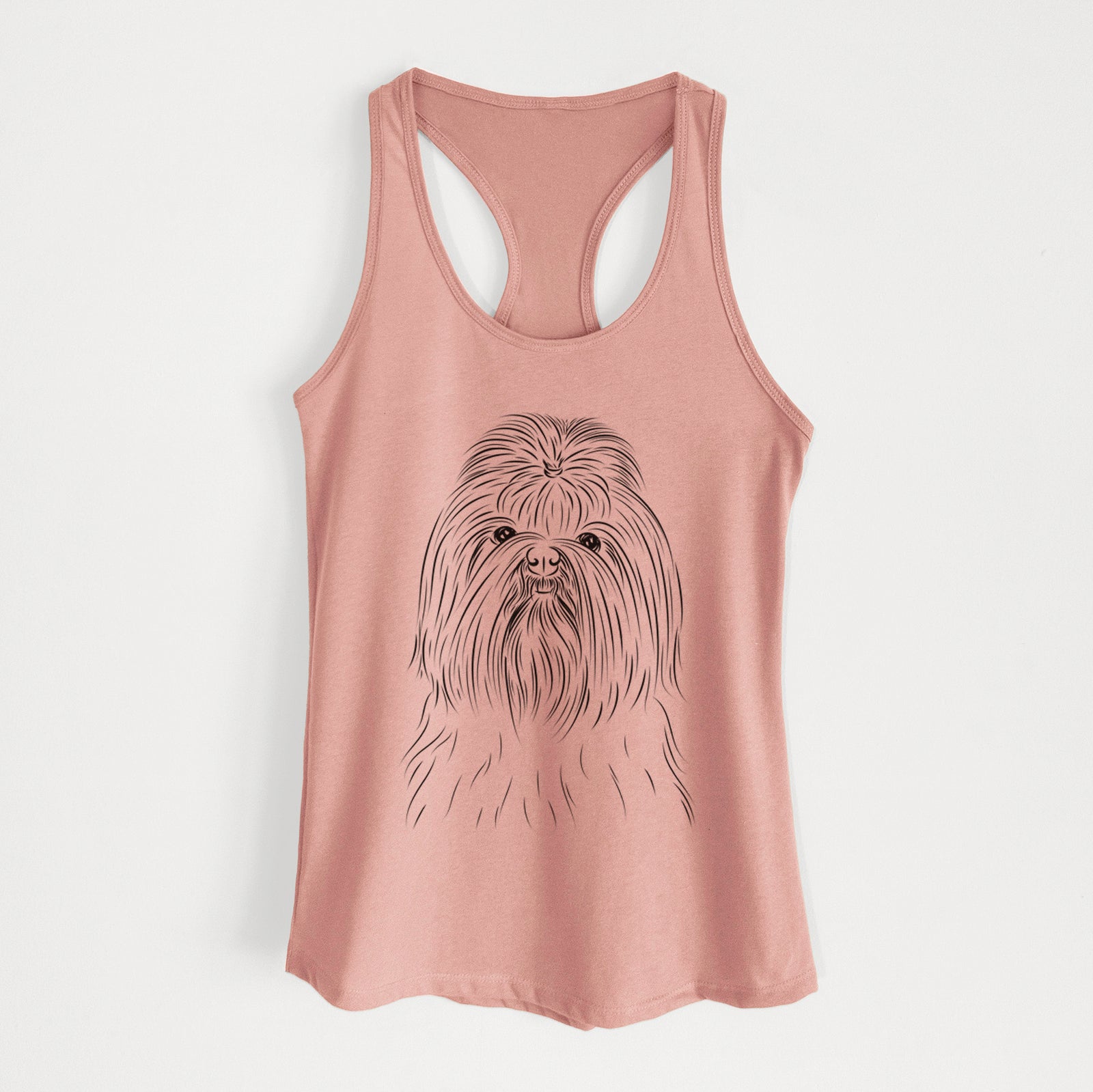 Hand-drawn sketch of Sabine the Shih Tzu on a Desert Pink Women's racerback tanktop