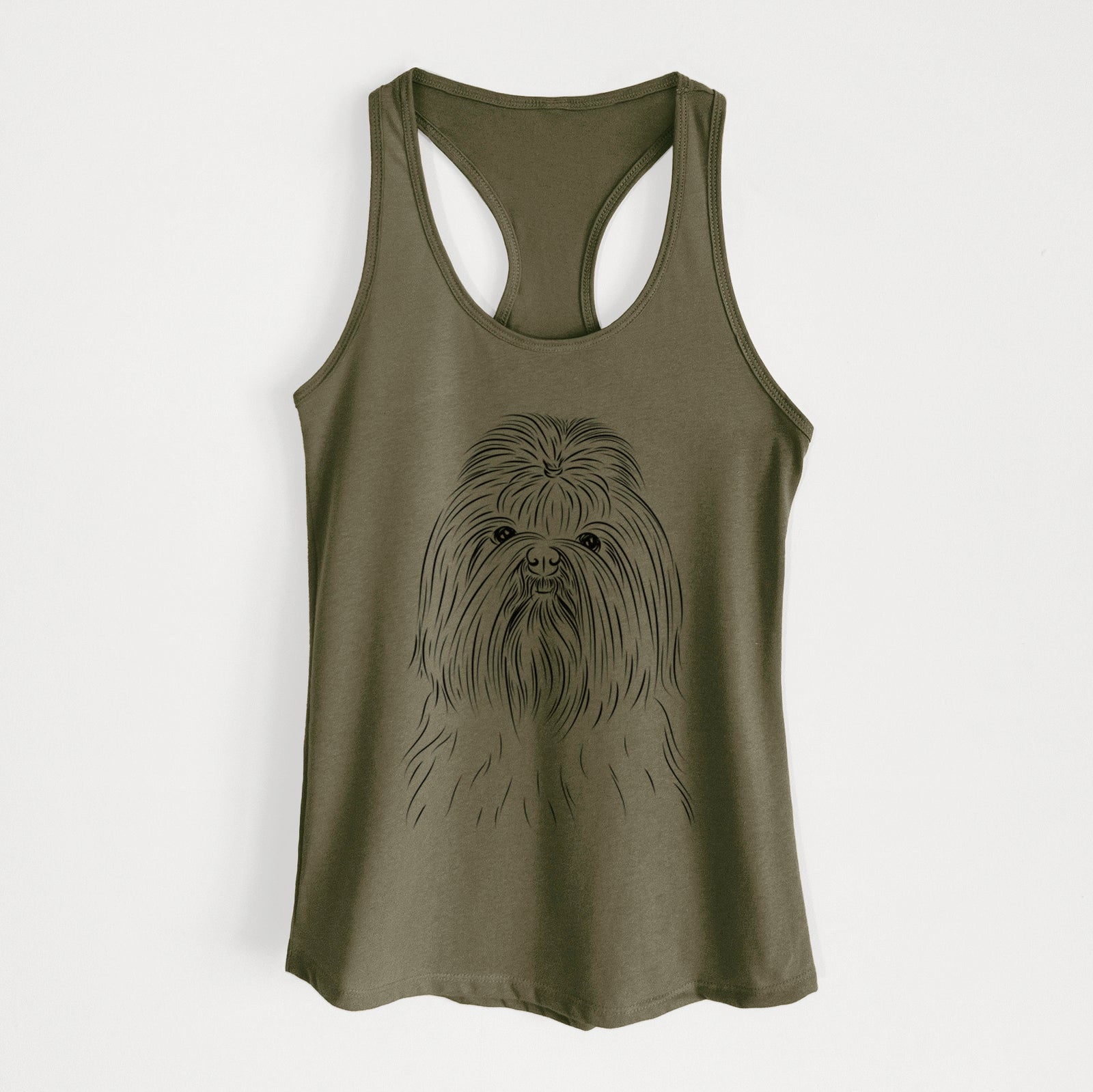 Hand-drawn sketch of Sabine the Shih Tzu on a Military Green Women's racerback tanktop