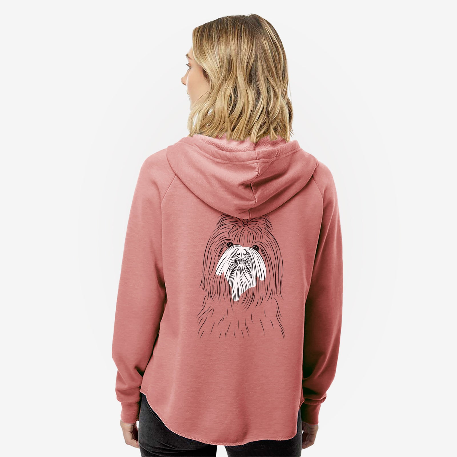 Hand-drawn sketch of Sabine the Shih Tzu on a Dusty Rose Women's cali wave zip-up sweatshirt