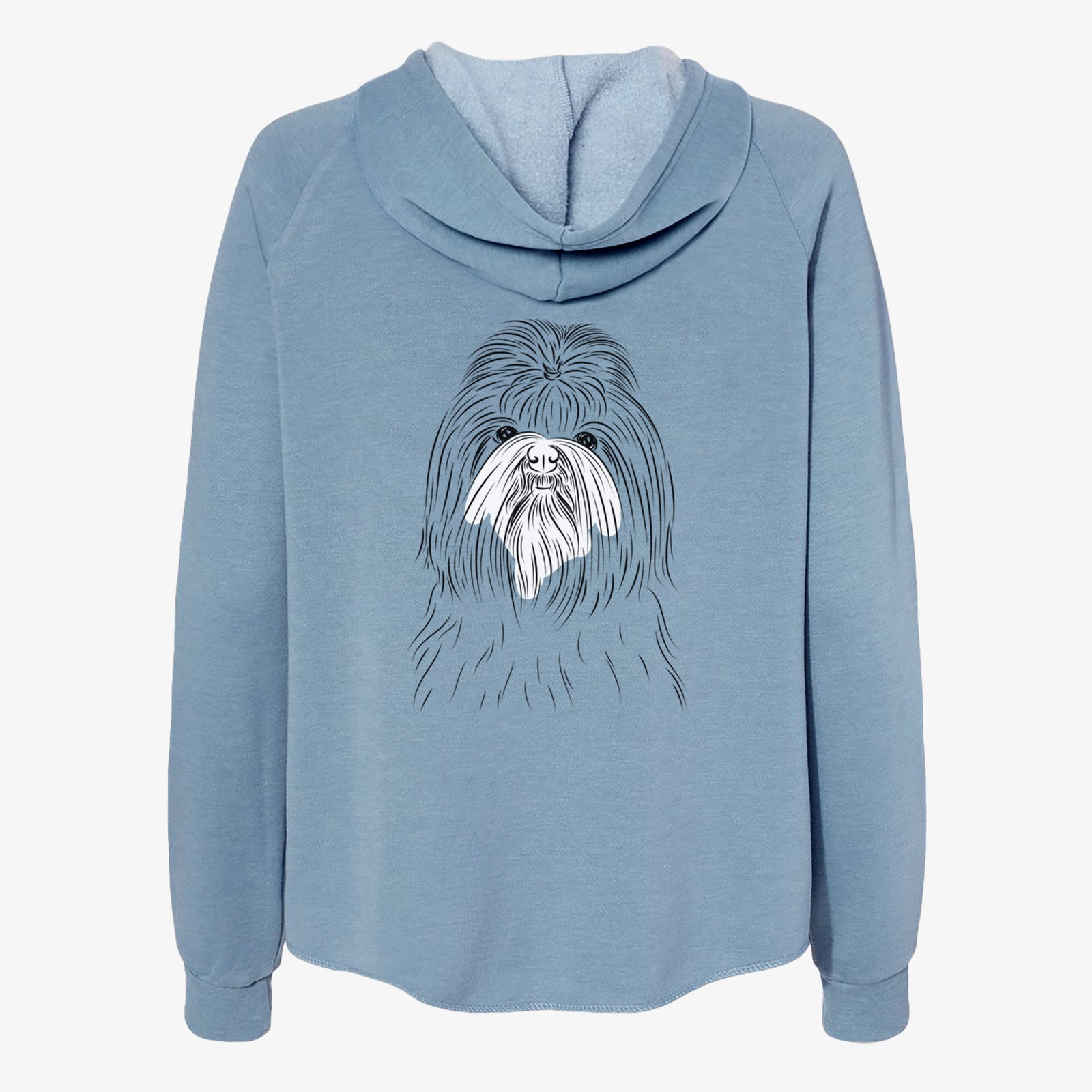 Hand-drawn sketch of Sabine the Shih Tzu on a Misty Blue Women's cali wave zip-up sweatshirt
