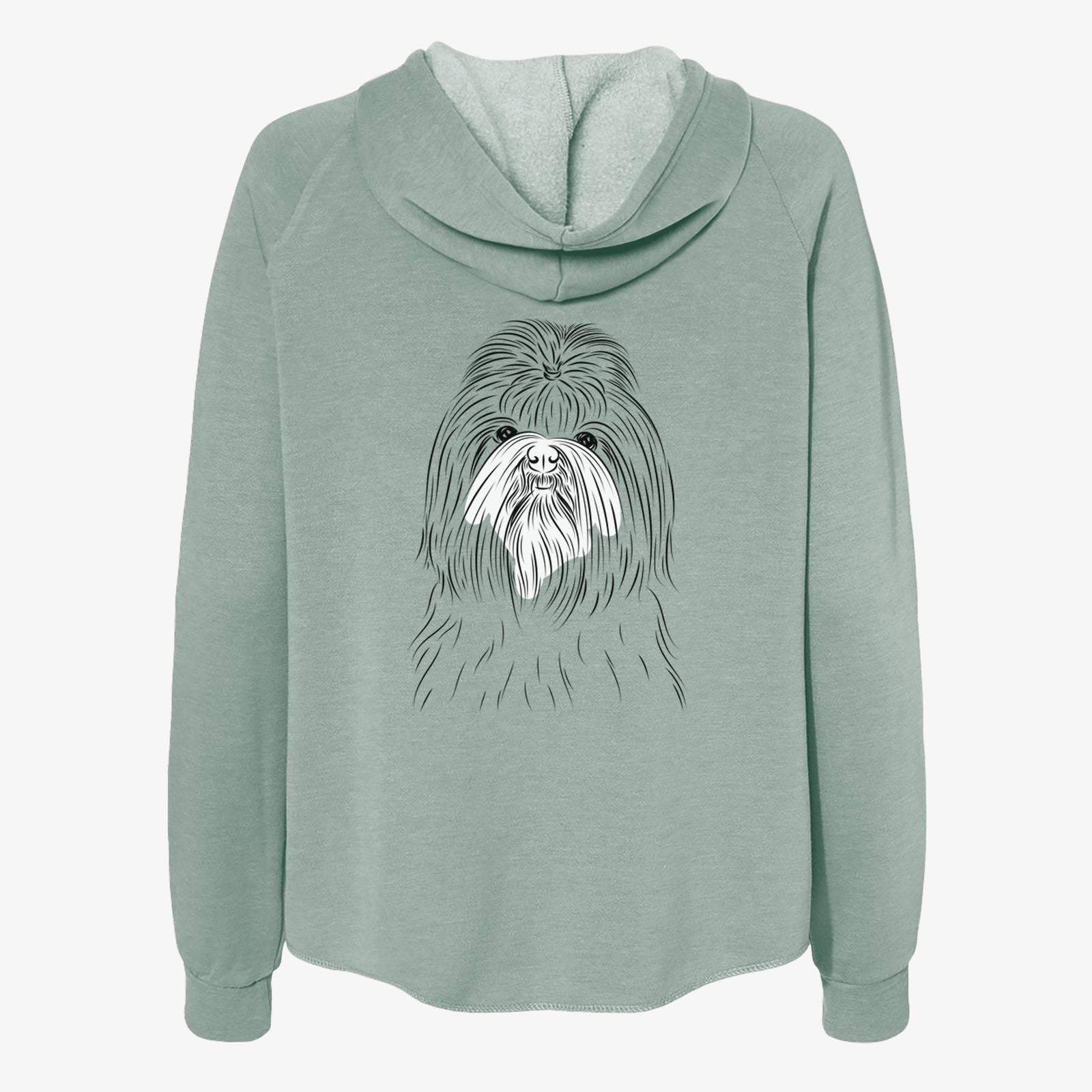 Hand-drawn sketch of Sabine the Shih Tzu on a Sage Women's cali wave zip-up sweatshirt