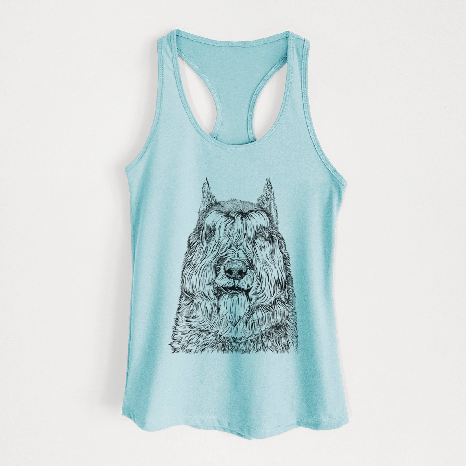 Hand-drawn sketch of Sabre the Bouvier Des Flandres on a Cancun Blue Women's racerback tanktop