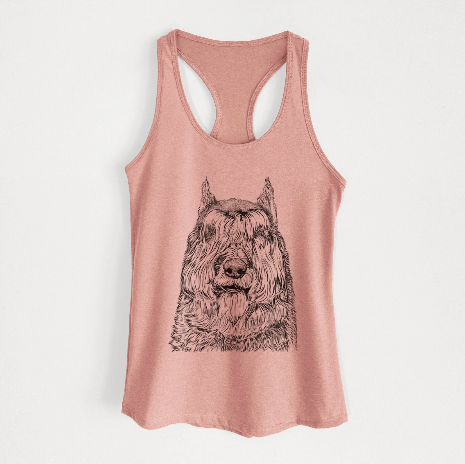 Hand-drawn sketch of Sabre the Bouvier Des Flandres on a Desert Pink Women's racerback tanktop