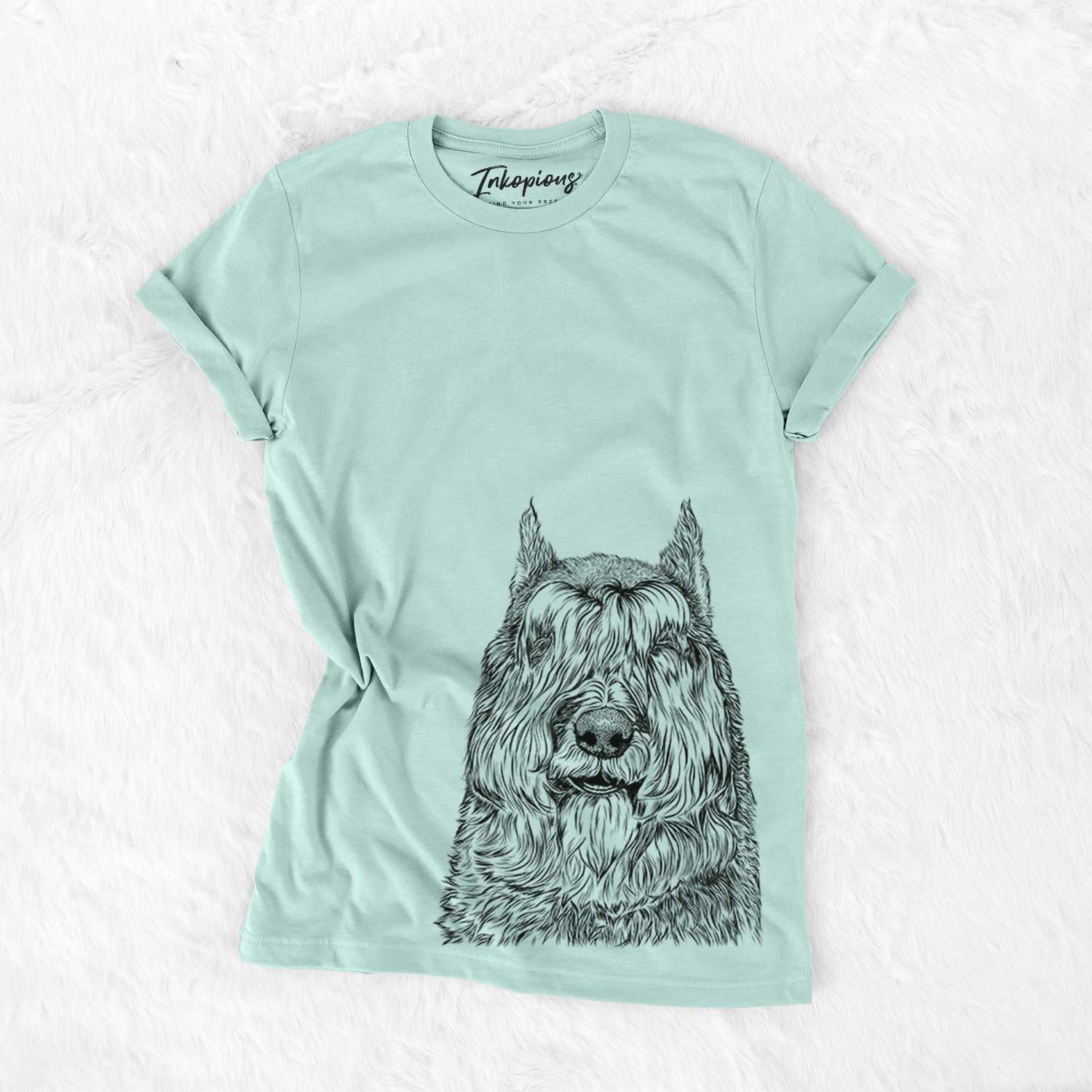 Hand-drawn sketch of Sabre the Bouvier des Flandres on a Heather Sage Bella Canvas Unisex Crewneck