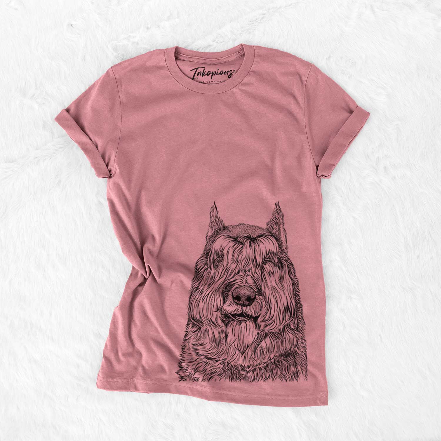 Hand-drawn sketch of Sabre the Bouvier des Flandres on a Mauve Bella Canvas Unisex Crewneck