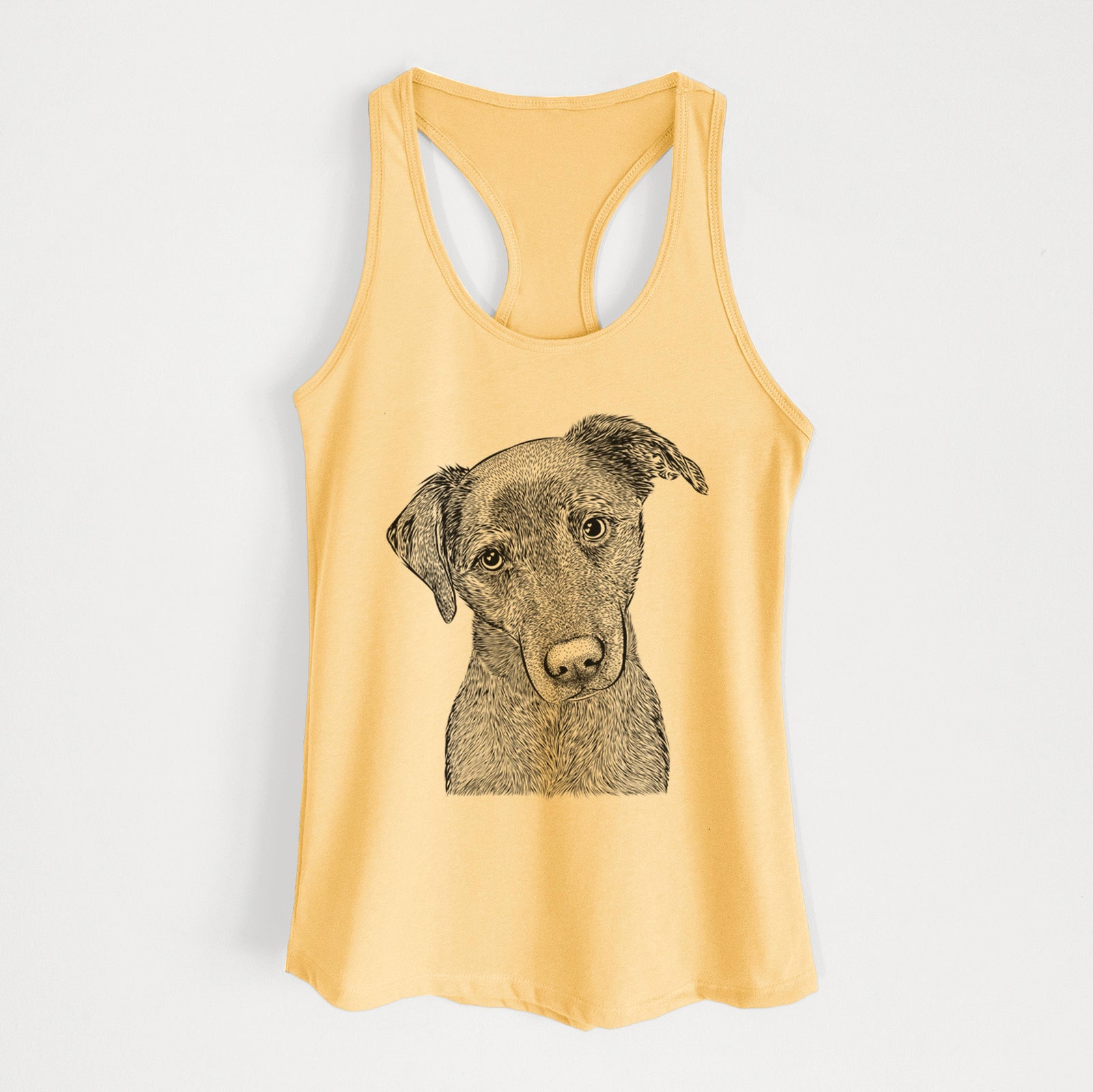 Hand-drawn sketch of Sadie the Whipador on a Banana Cream Women's racerback tanktop