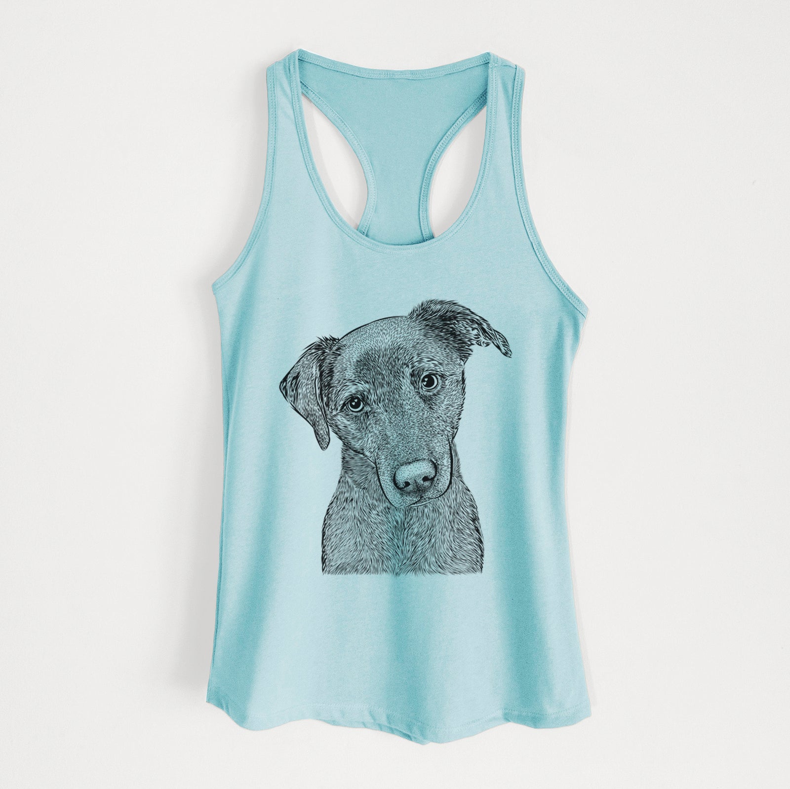 Hand-drawn sketch of Sadie the Whipador on a Cancun Blue Women's racerback tanktop