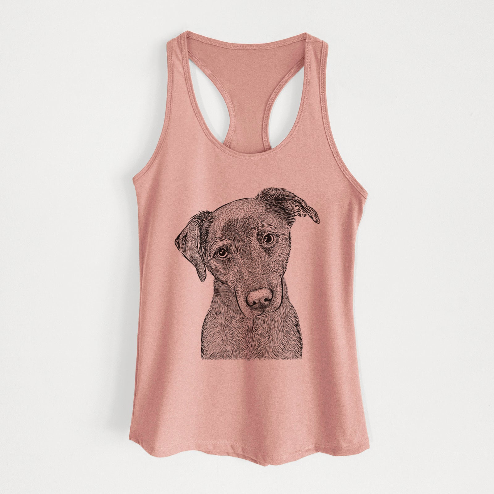 Hand-drawn sketch of Sadie the Whipador on a Desert Pink Women's racerback tanktop