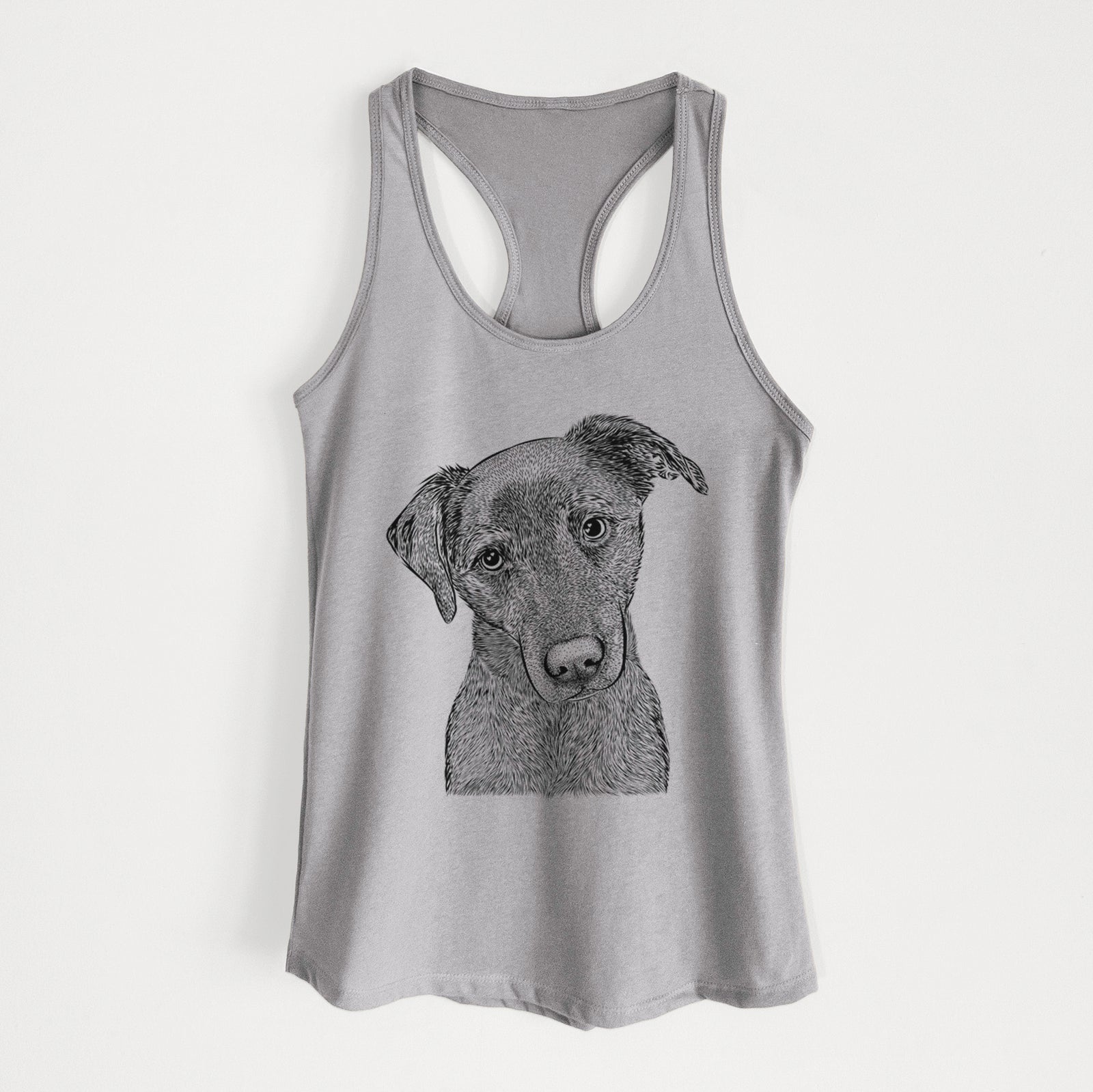 Hand-drawn sketch of Sadie the Whipador on a Heather Grey Women's racerback tanktop