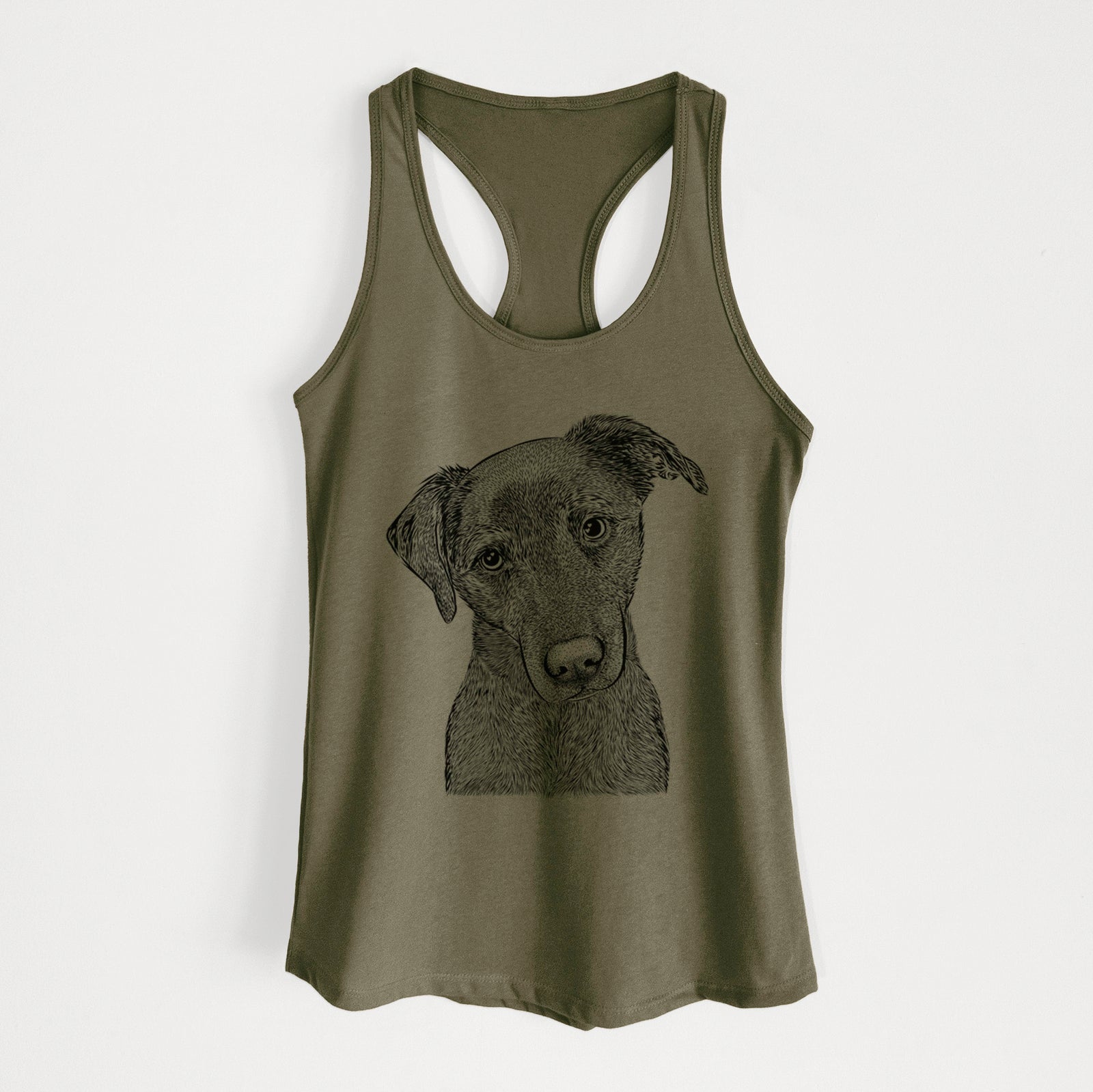 Hand-drawn sketch of Sadie the Whipador on a Military Green Women's racerback tanktop