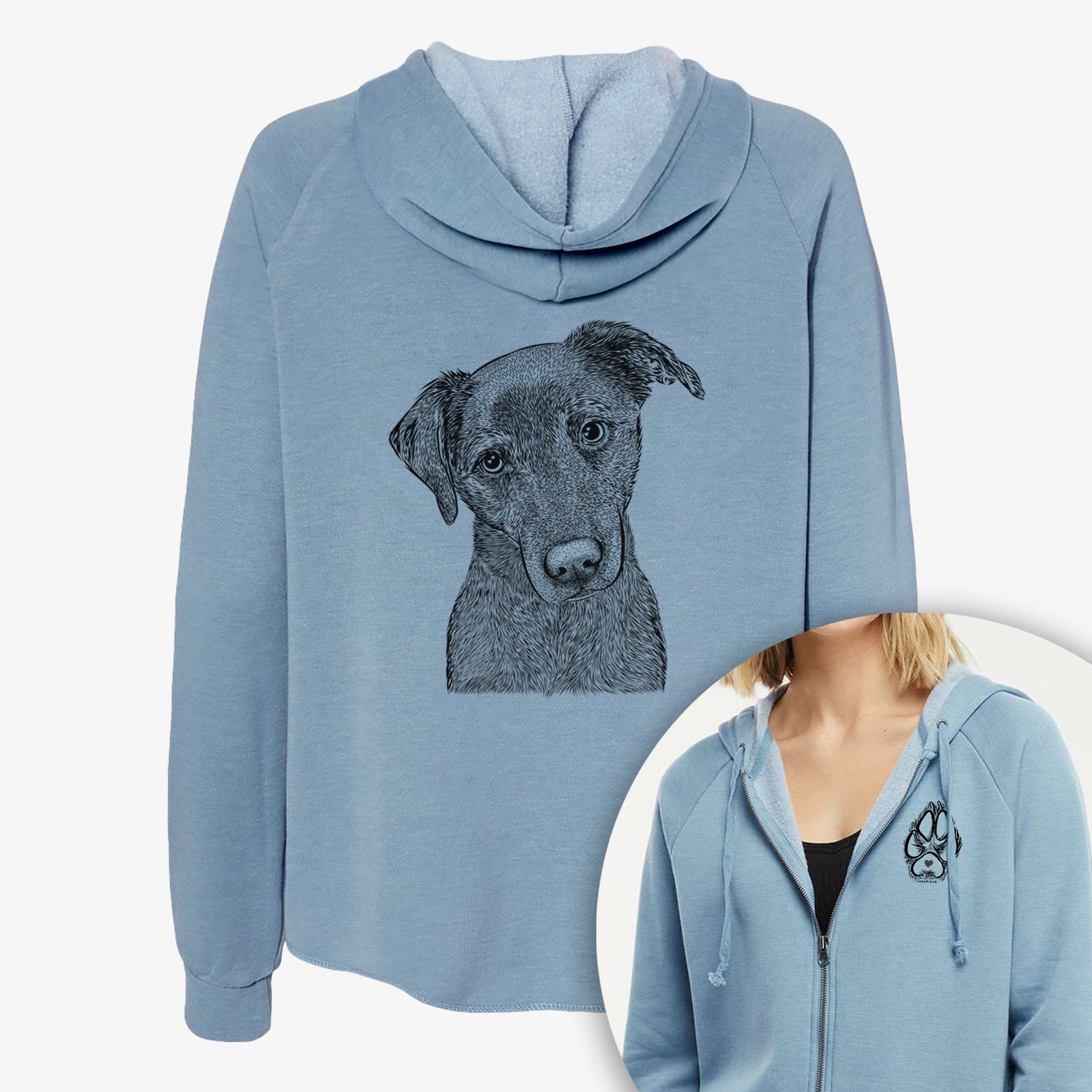 Hand-drawn sketch of Sadie the Whipador on a Women's cali wave zip-up sweatshirt, shown with icons of the other available costume styles