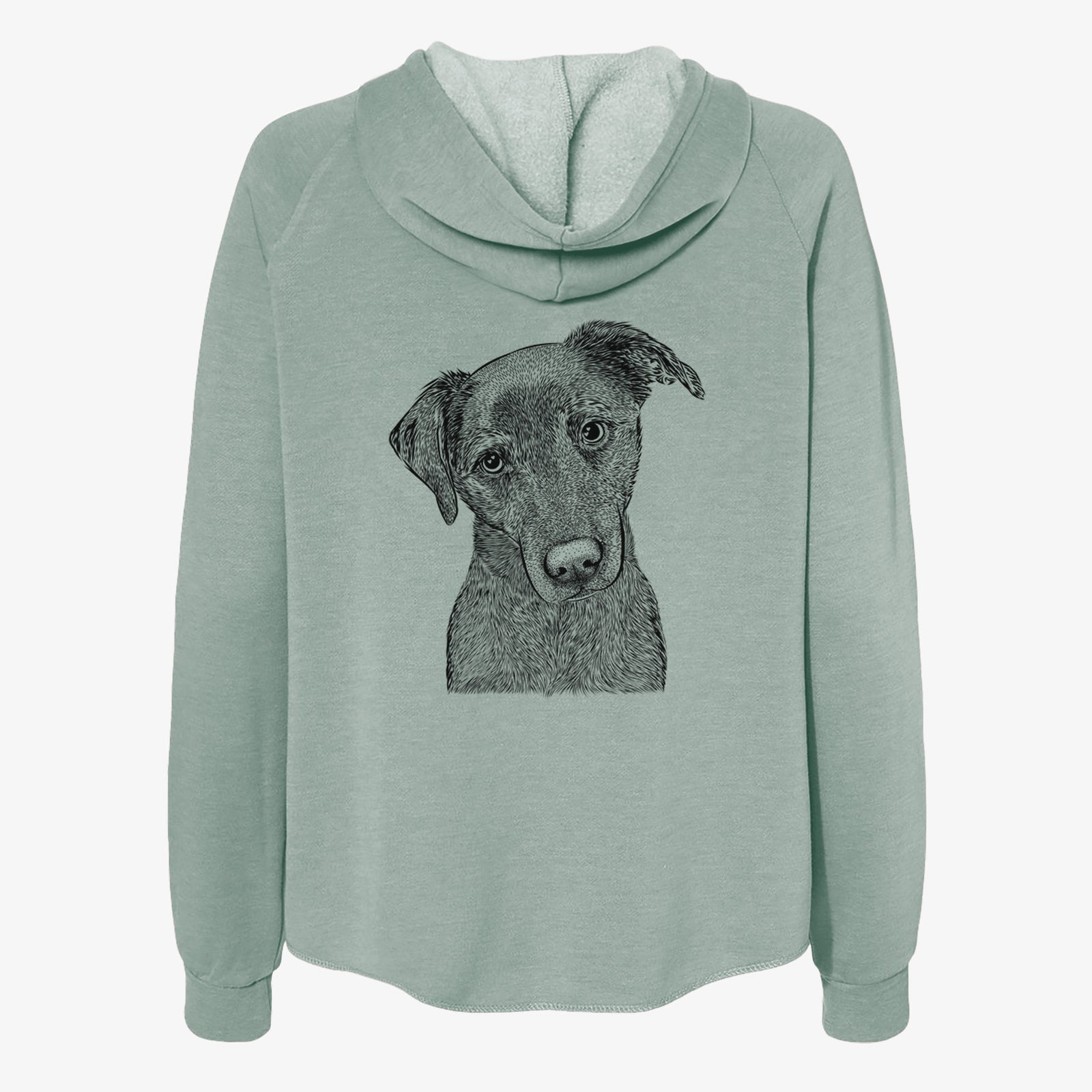 Hand-drawn sketch of Sadie the Whipador on a Sage Women's cali wave zip-up sweatshirt