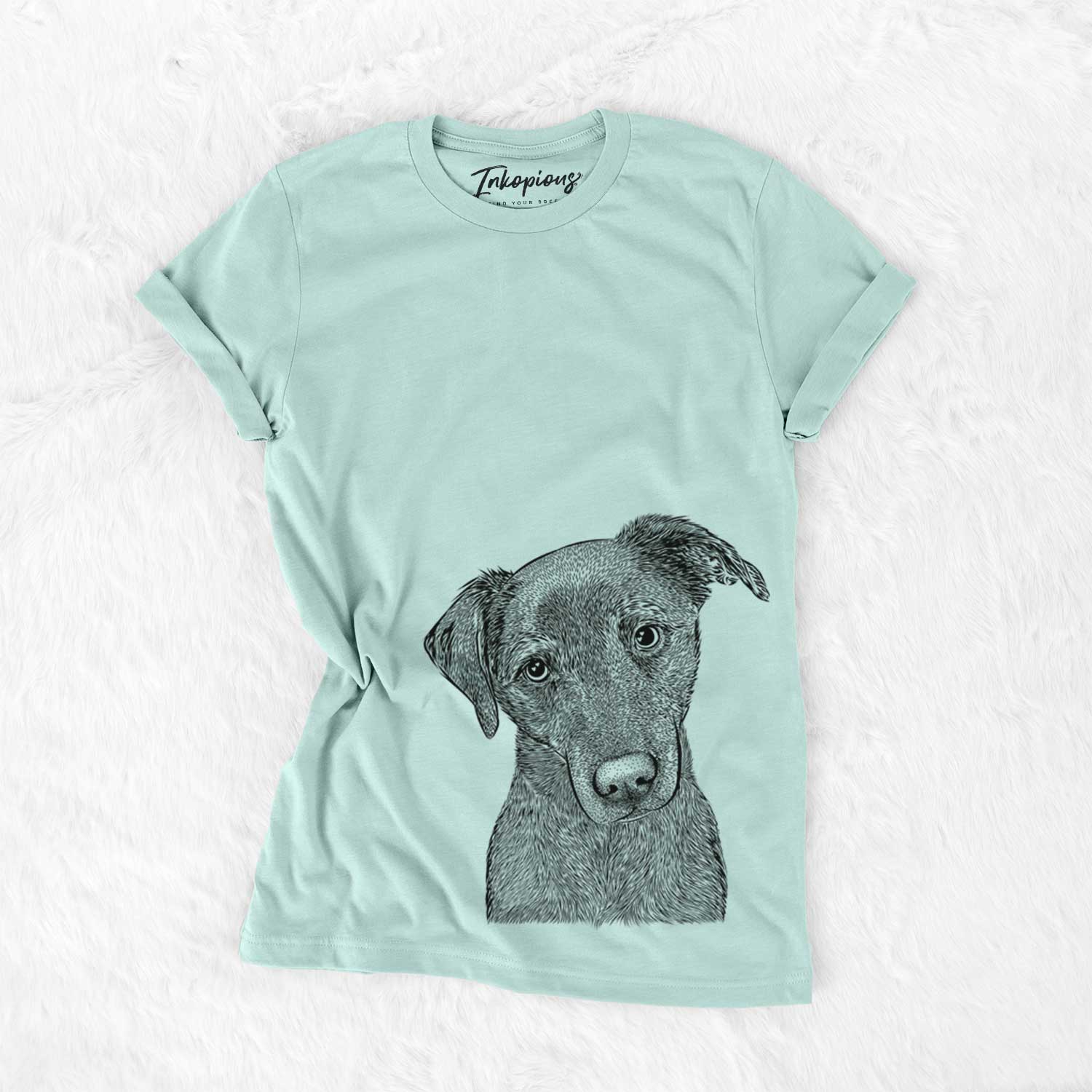 Hand-drawn sketch of Sadie the Whipador on a Heather Sage Unisex crewneck