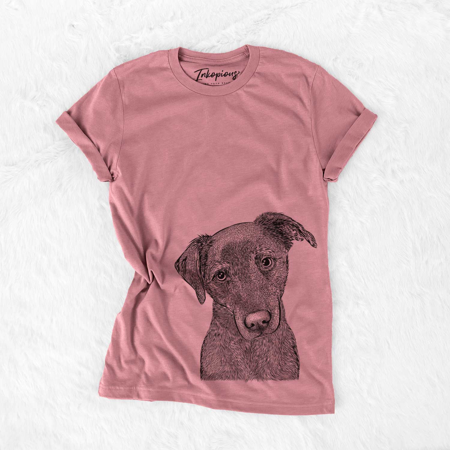Hand-drawn sketch of Sadie the Whipador on a Mauve Unisex crewneck