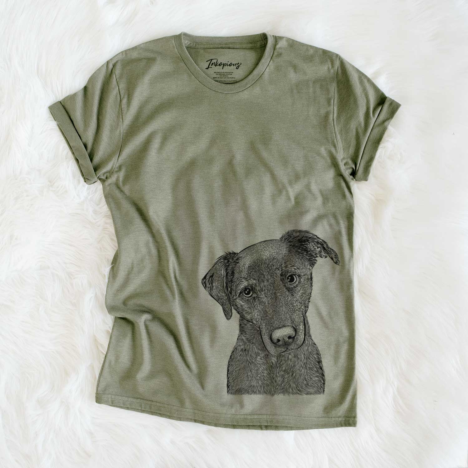 Hand-drawn sketch of Sadie the Whipador on an Olive Unisex crewneck