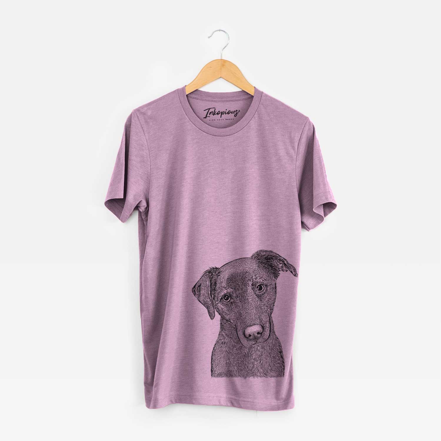 Hand-drawn sketch of Sadie the Whipador on an Orchid Unisex crewneck