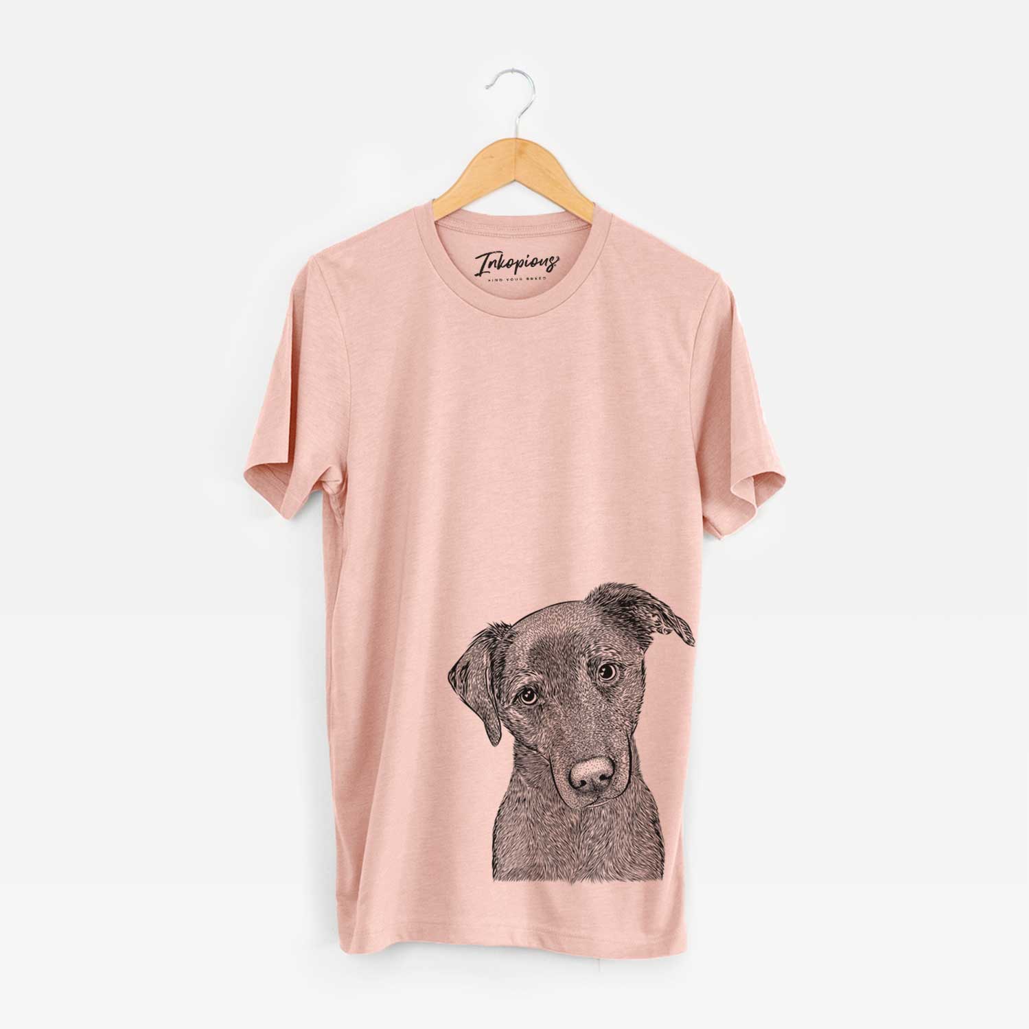 Hand-drawn sketch of Sadie the Whipador on a Peach Unisex crewneck