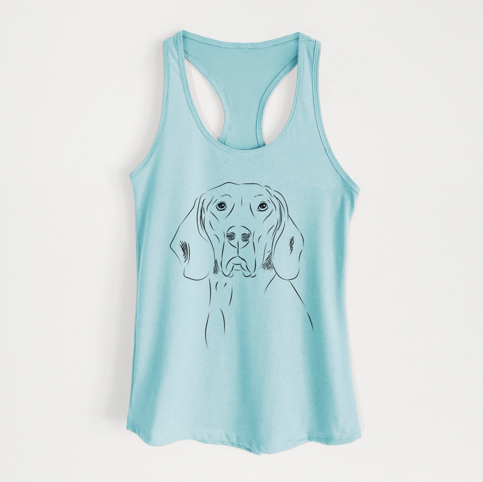 Hand-drawn sketch of Sagan the Coonhound on a Cancun Blue Women's racerback tanktop