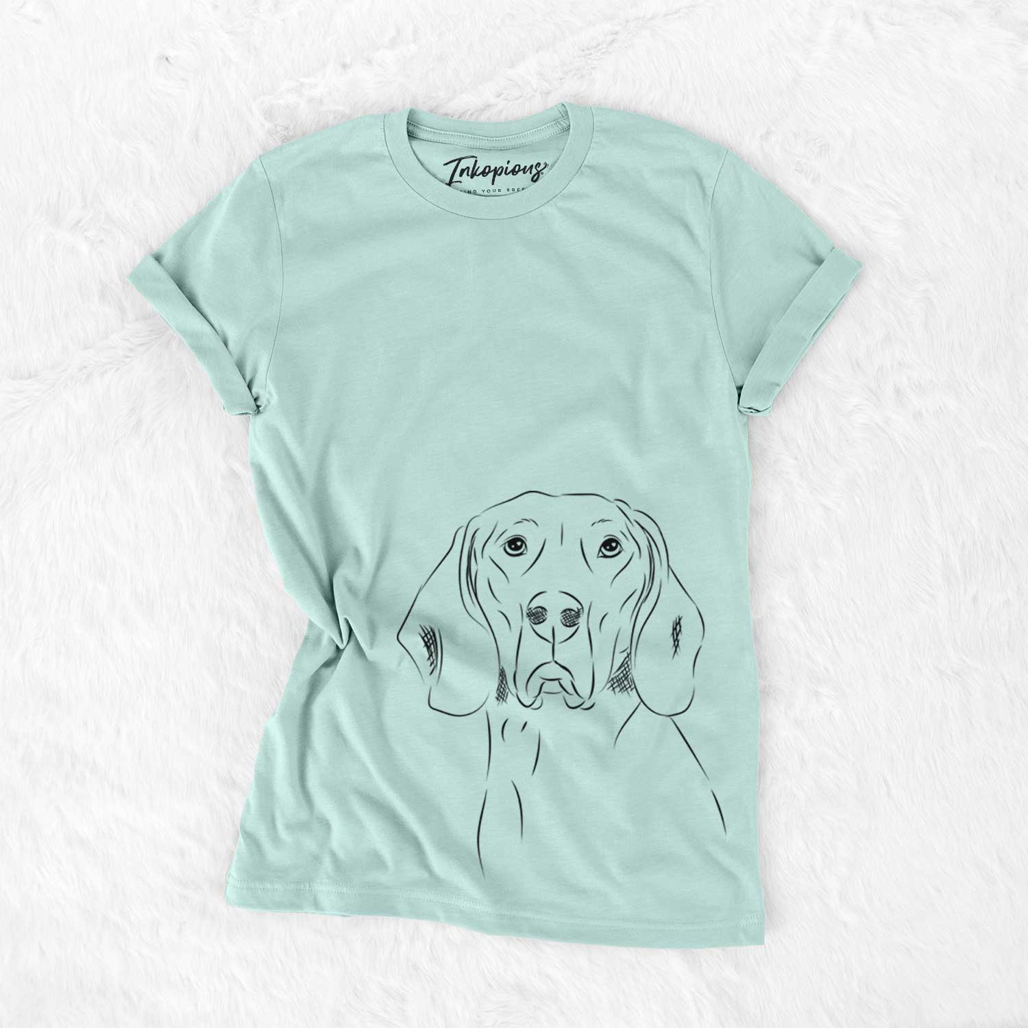 Hand-drawn sketch of Sagan the Coonhound on a Heather Sage Unisex crewneck