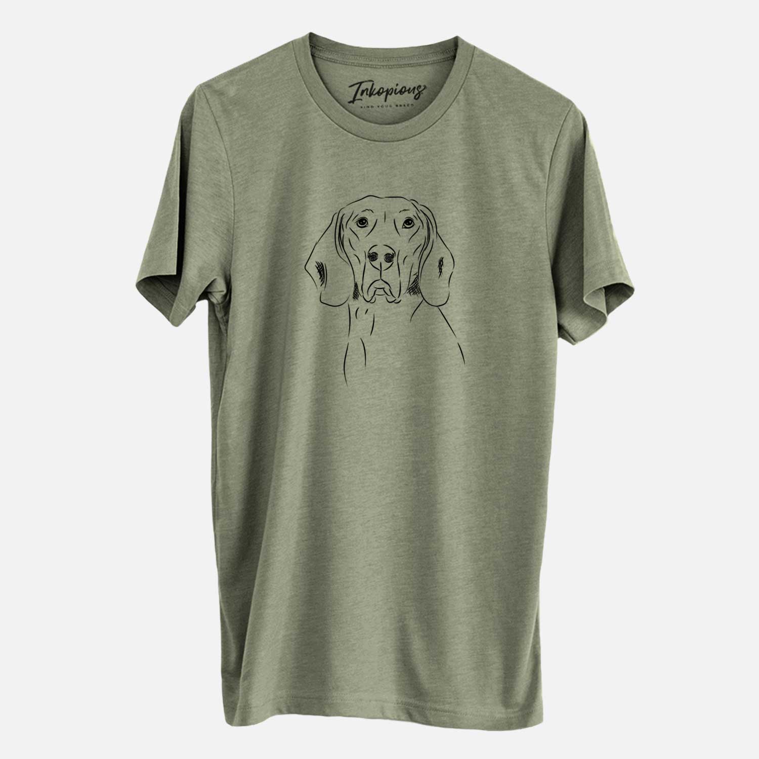 Hand-drawn sketch of Sagan the Coonhound on an Olive Unisex crewneck