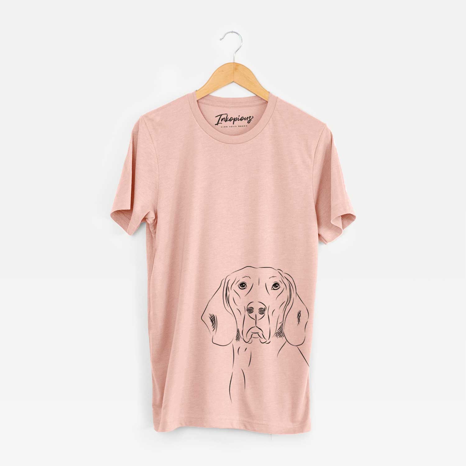 Hand-drawn sketch of Sagan the Coonhound on a Peach Unisex crewneck