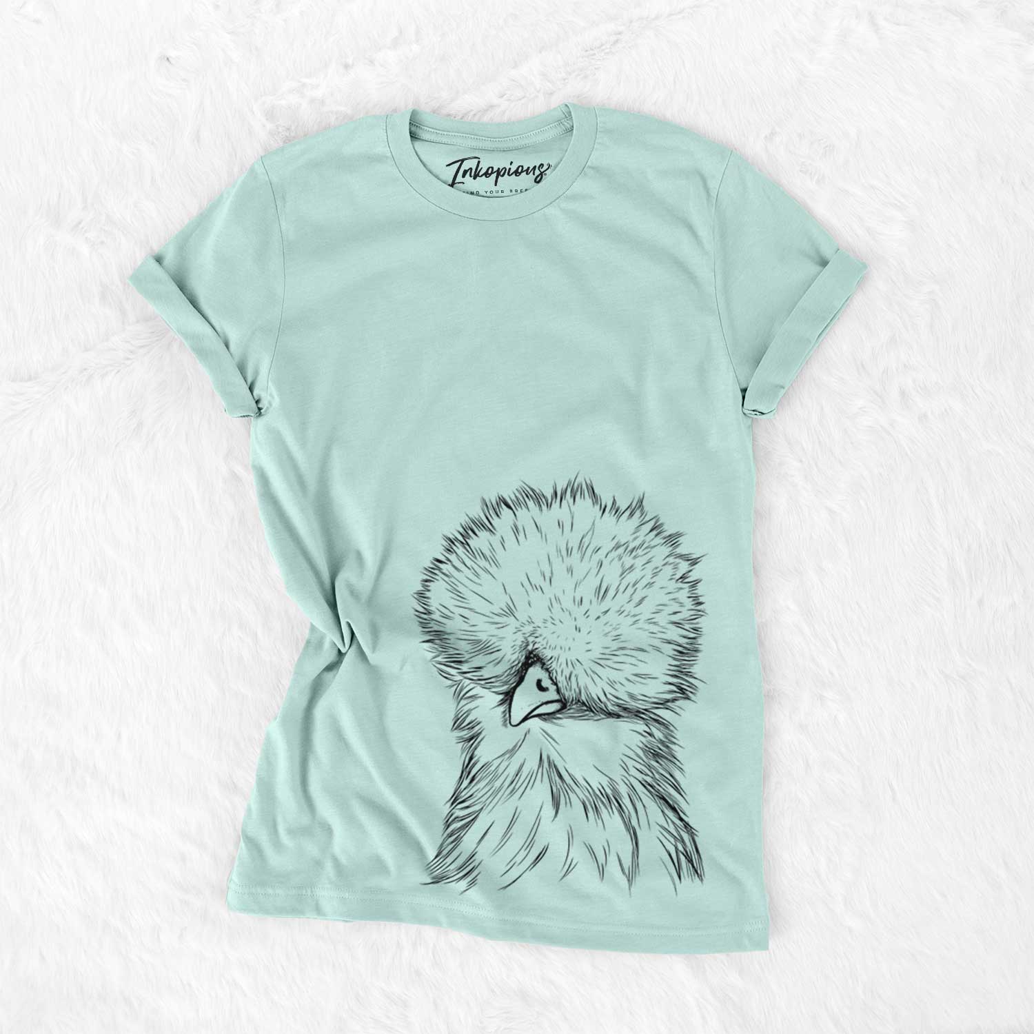 Hand-drawn sketch of Sally the Silkie Chicken on a Heather Sage Bella Canvas Unisex Crewneck