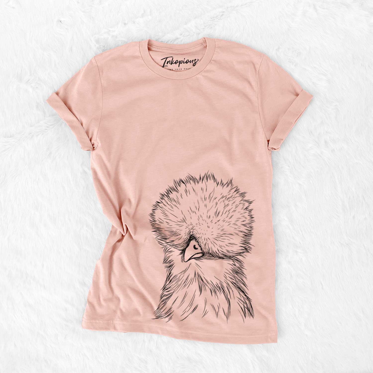 Hand-drawn sketch of Sally the Silkie Chicken on a Peach Bella Canvas Unisex Crewneck