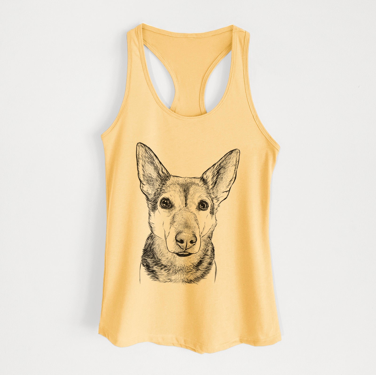 Hand-drawn sketch of Sammie the Mixed Breed on a Banana Cream Women's racerback tanktop
