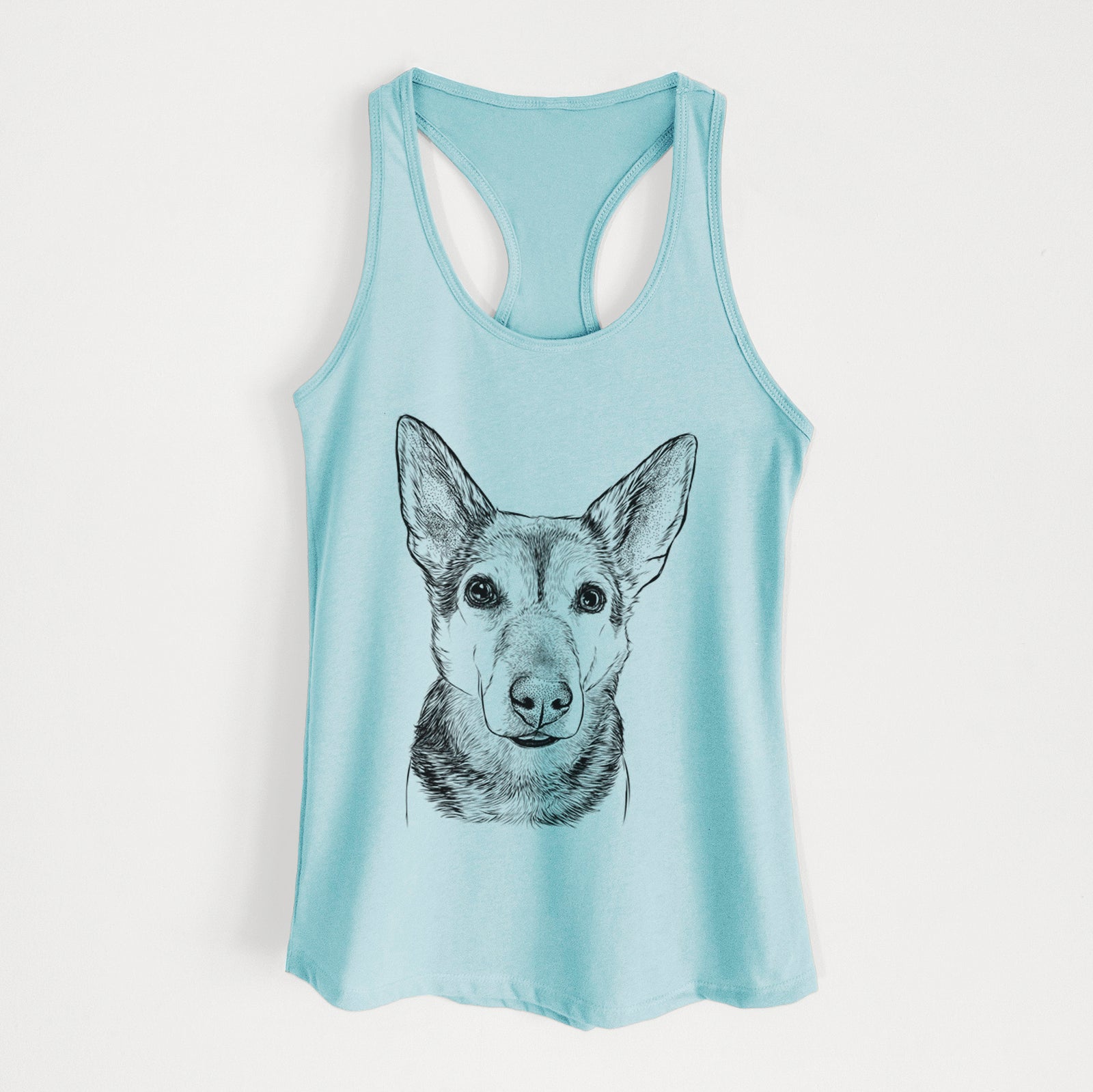 Hand-drawn sketch of Sammie the Mixed Breed on a Cancun Blue Women's racerback tanktop