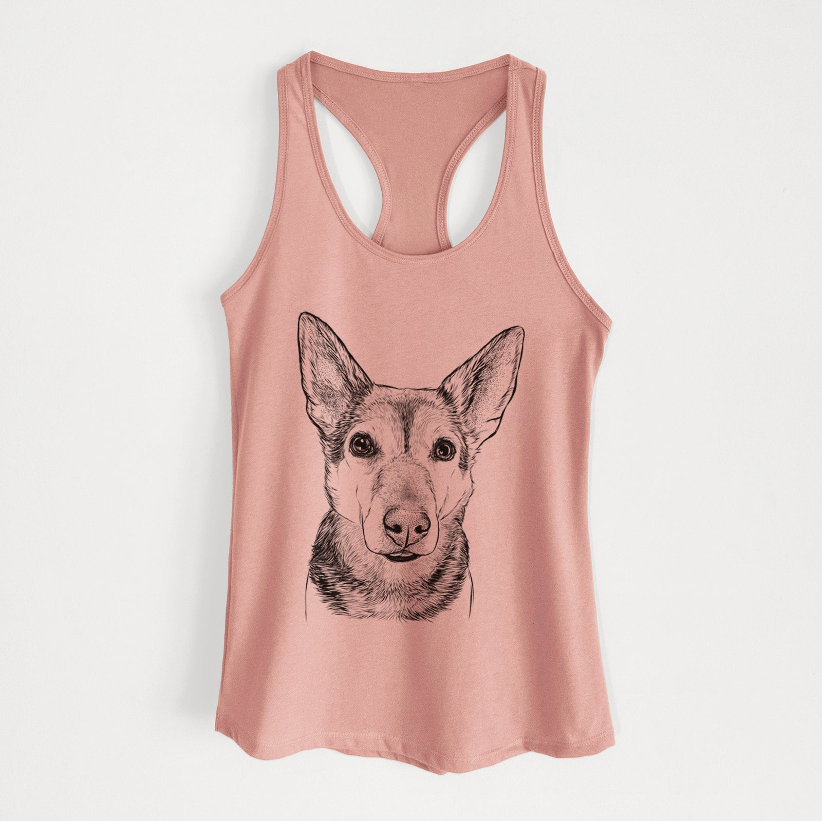Hand-drawn sketch of Sammie the Mixed Breed on a Desert Pink Women's racerback tanktop
