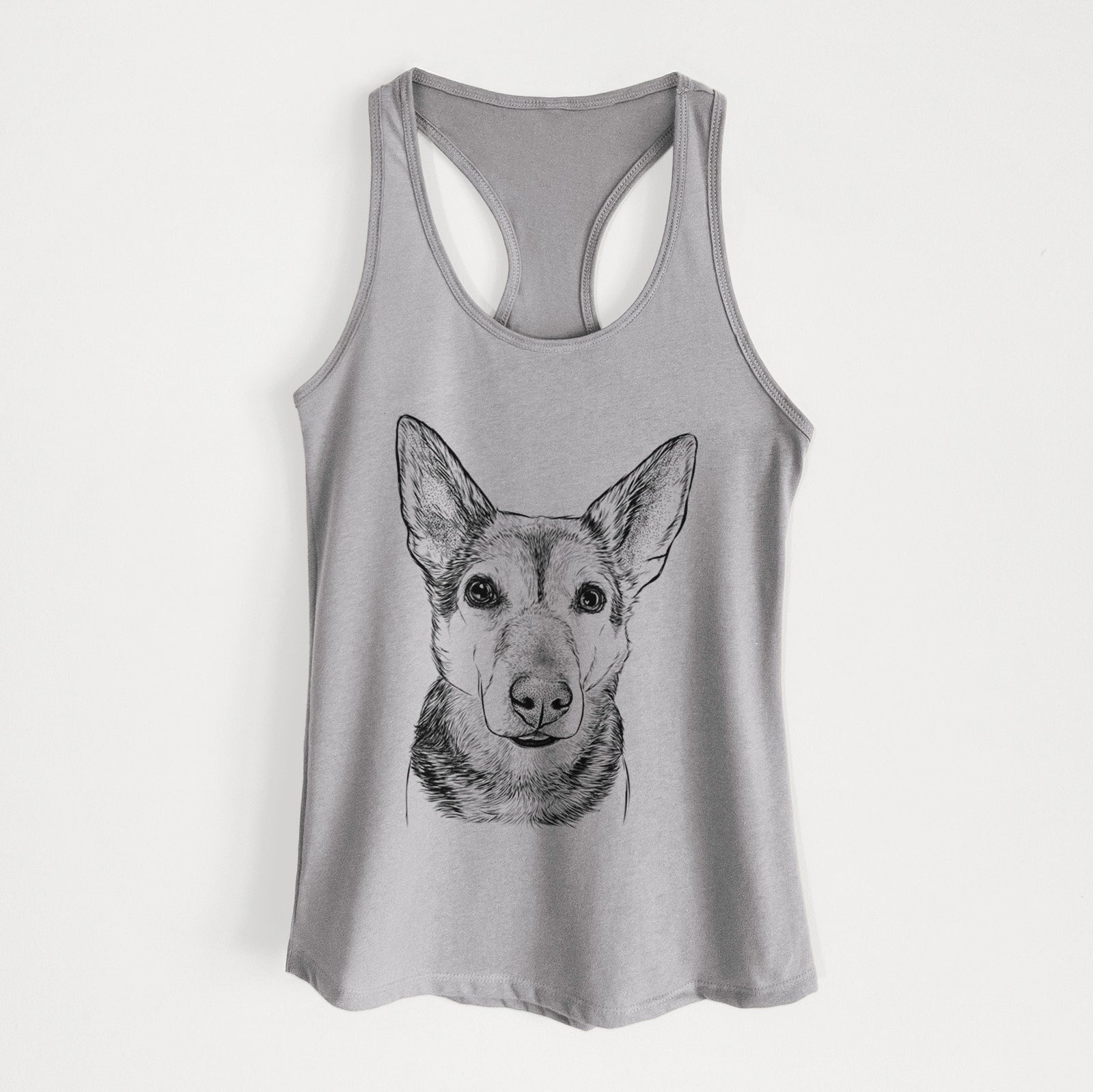 Hand-drawn sketch of Sammie the Mixed Breed on a Heather Grey Women's racerback tanktop
