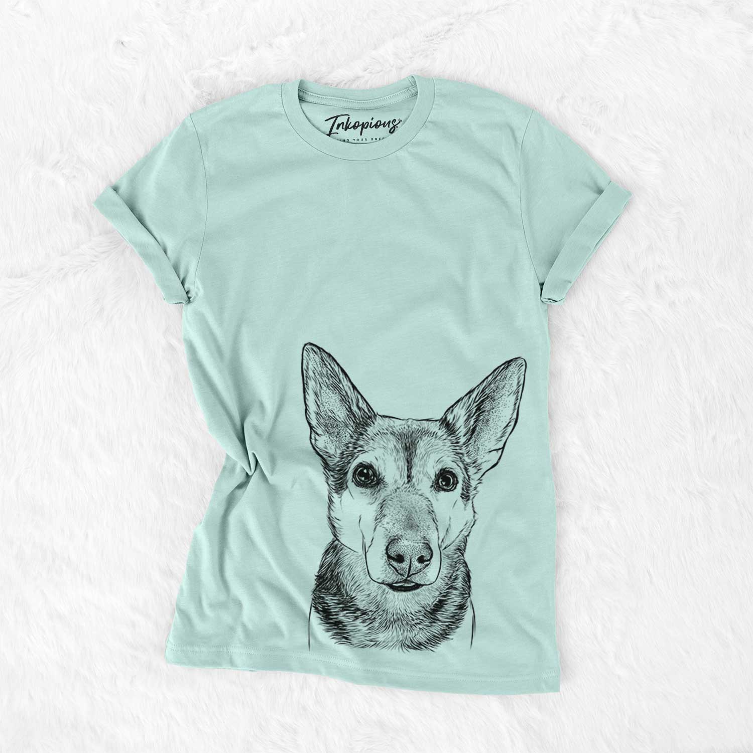 Hand-drawn sketch of Sammie the Mixed Breed on a Heather Sage Bella Canvas Unisex Crewneck