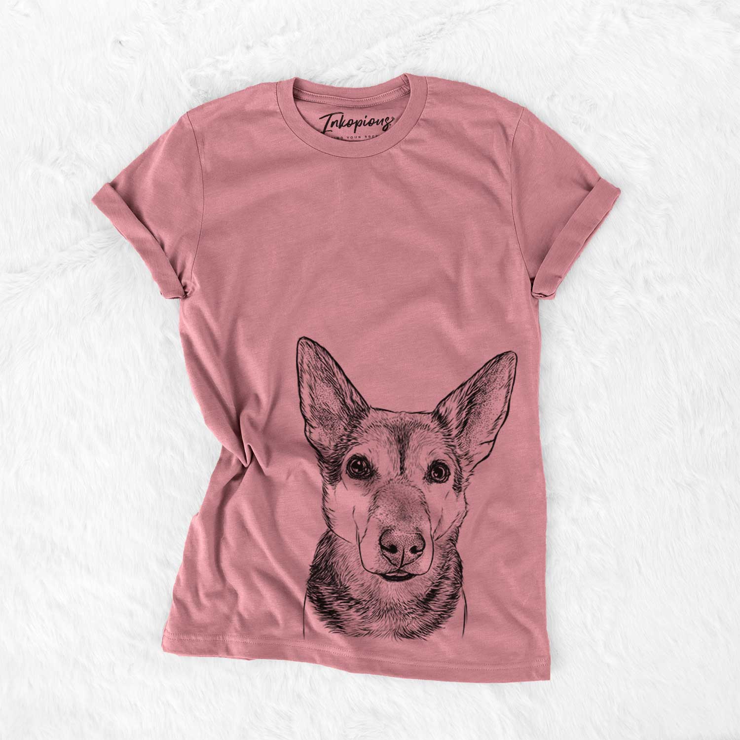 Hand-drawn sketch of Sammie the Mixed Breed on a Mauve Bella Canvas Unisex Crewneck