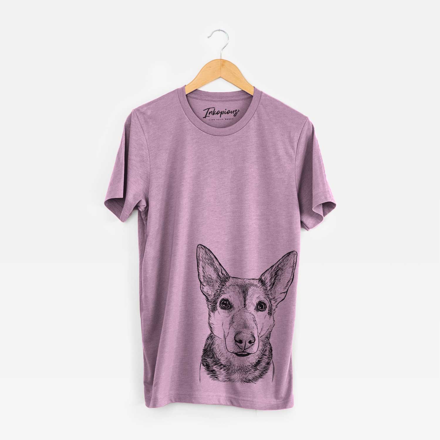 Hand-drawn sketch of Sammie the Mixed Breed on an Orchid Bella Canvas Unisex Crewneck