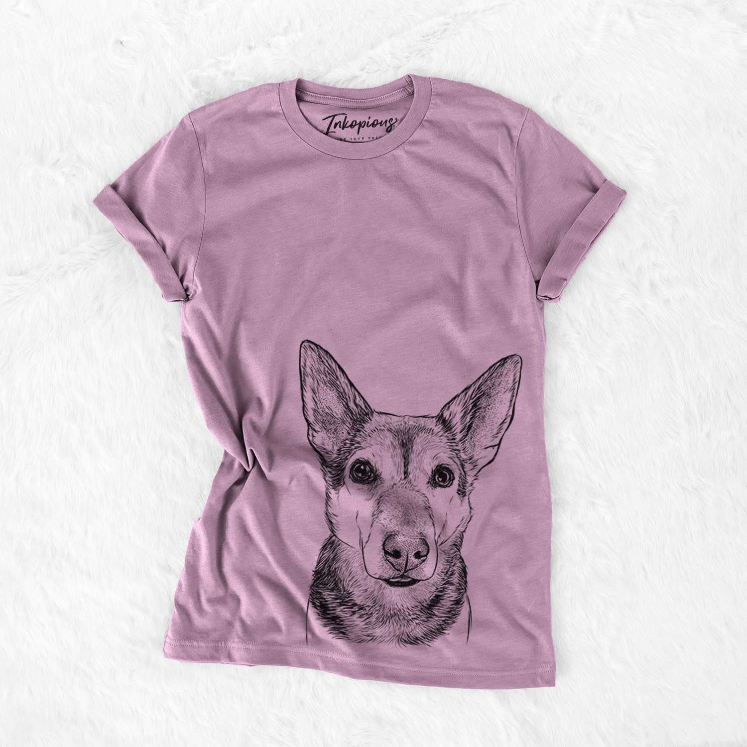Hand-drawn sketch of Sammie the Mixed Breed on an Orchid Bella Canvas Unisex Crewneck