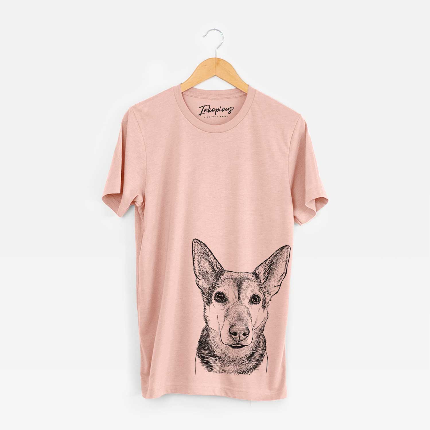 Hand-drawn sketch of Sammie the Mixed Breed on a Peach Bella Canvas Unisex Crewneck