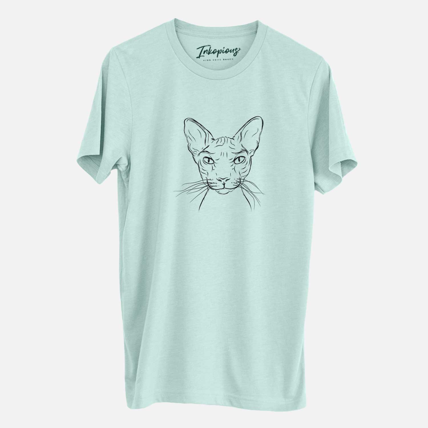Hand-drawn sketch of Sammy the Spinx Cat on a Heather Sage Unisex crewneck