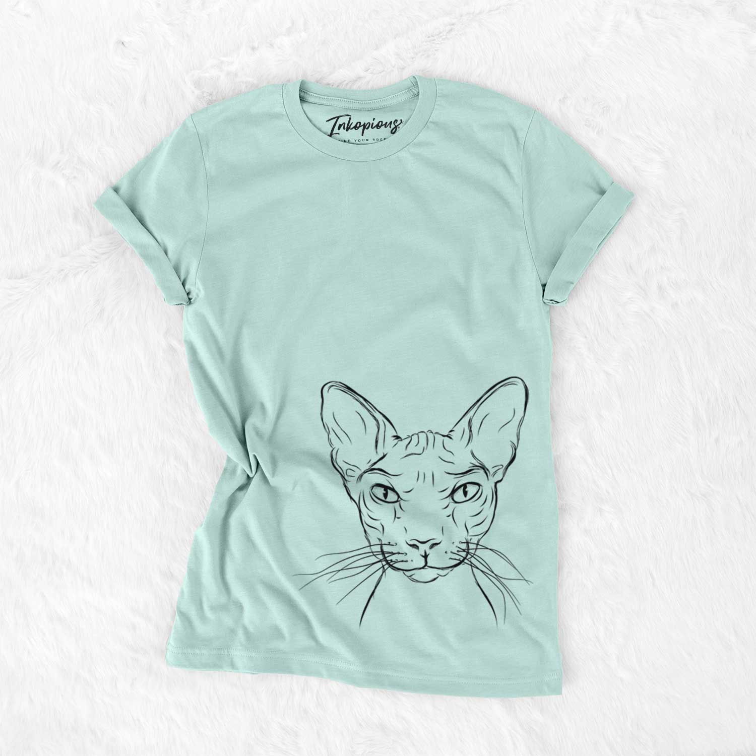 Hand-drawn sketch of Sammy the Spinx Cat on a Heather Sage Unisex crewneck
