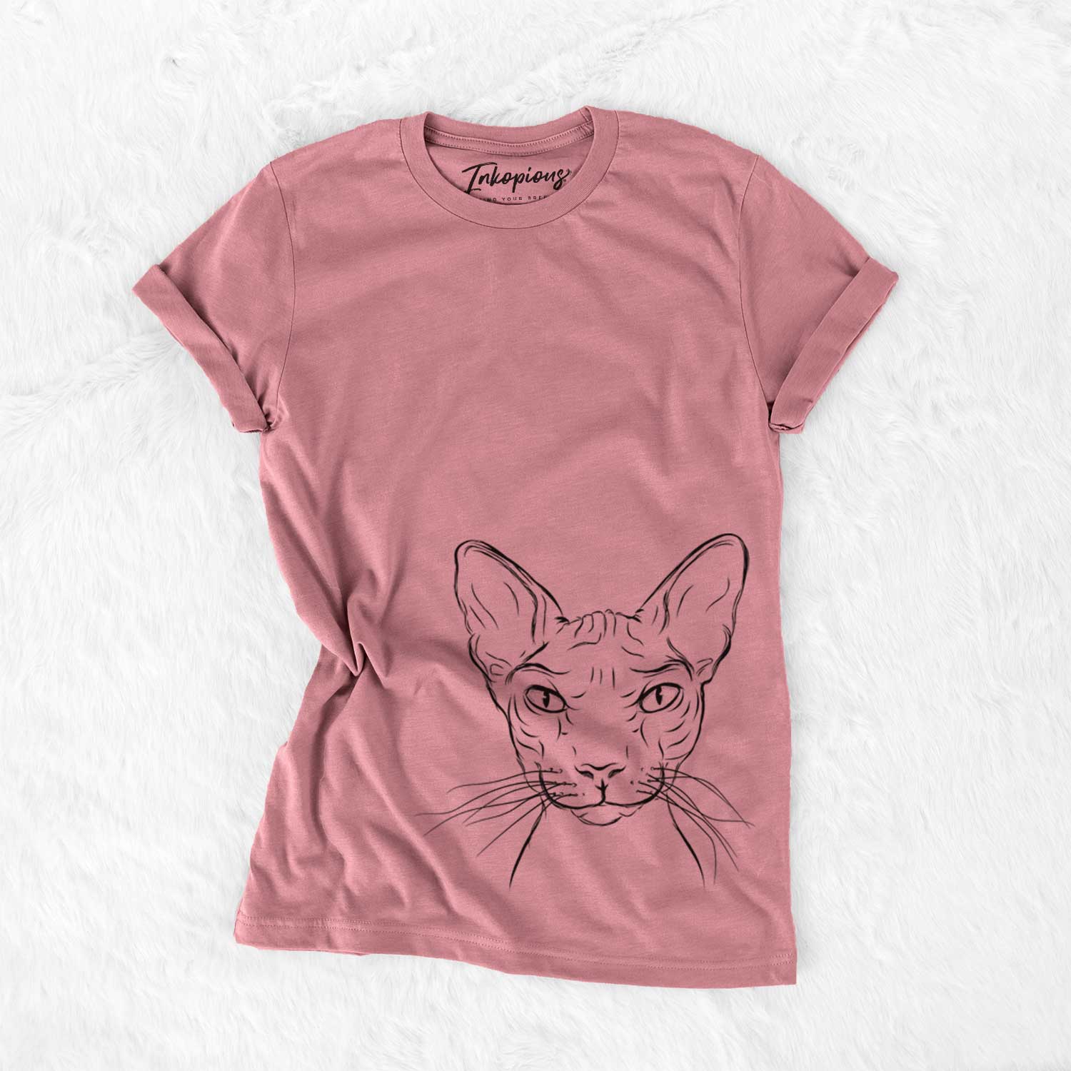 Hand-drawn sketch of Sammy the Spinx Cat on a Mauve Unisex crewneck