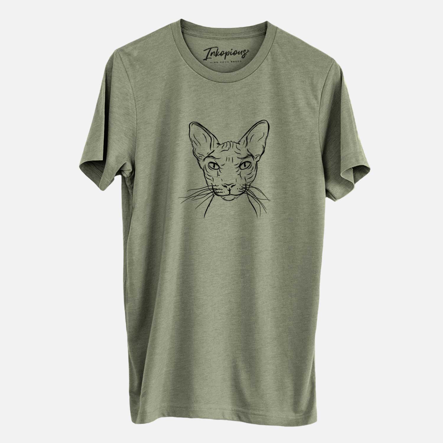 Hand-drawn sketch of Sammy the Spinx Cat on an Olive Unisex crewneck
