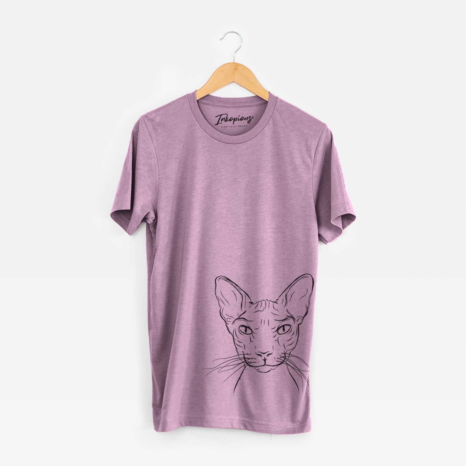 Hand-drawn sketch of Sammy the Spinx Cat on an Orchid Unisex crewneck