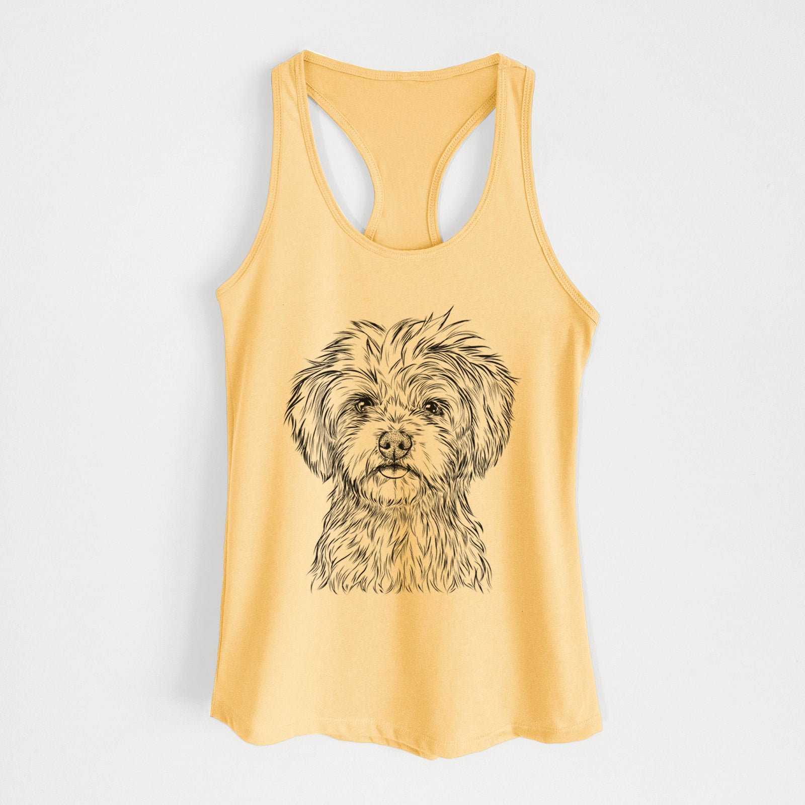 Hand-drawn sketch of Sammy the Shorkie on a Banana Cream Women's racerback tanktop
