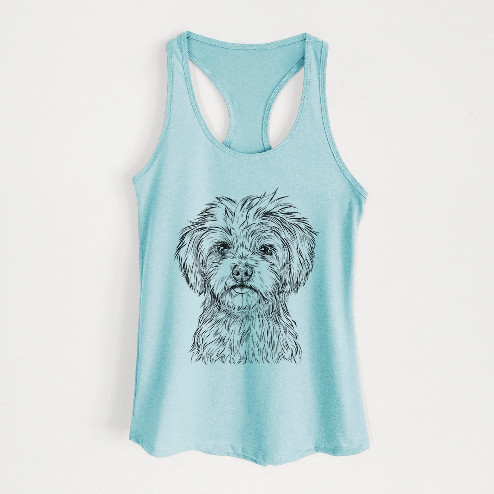 Hand-drawn sketch of Sammy the Shorkie on a Cancun Blue Women's racerback tanktop