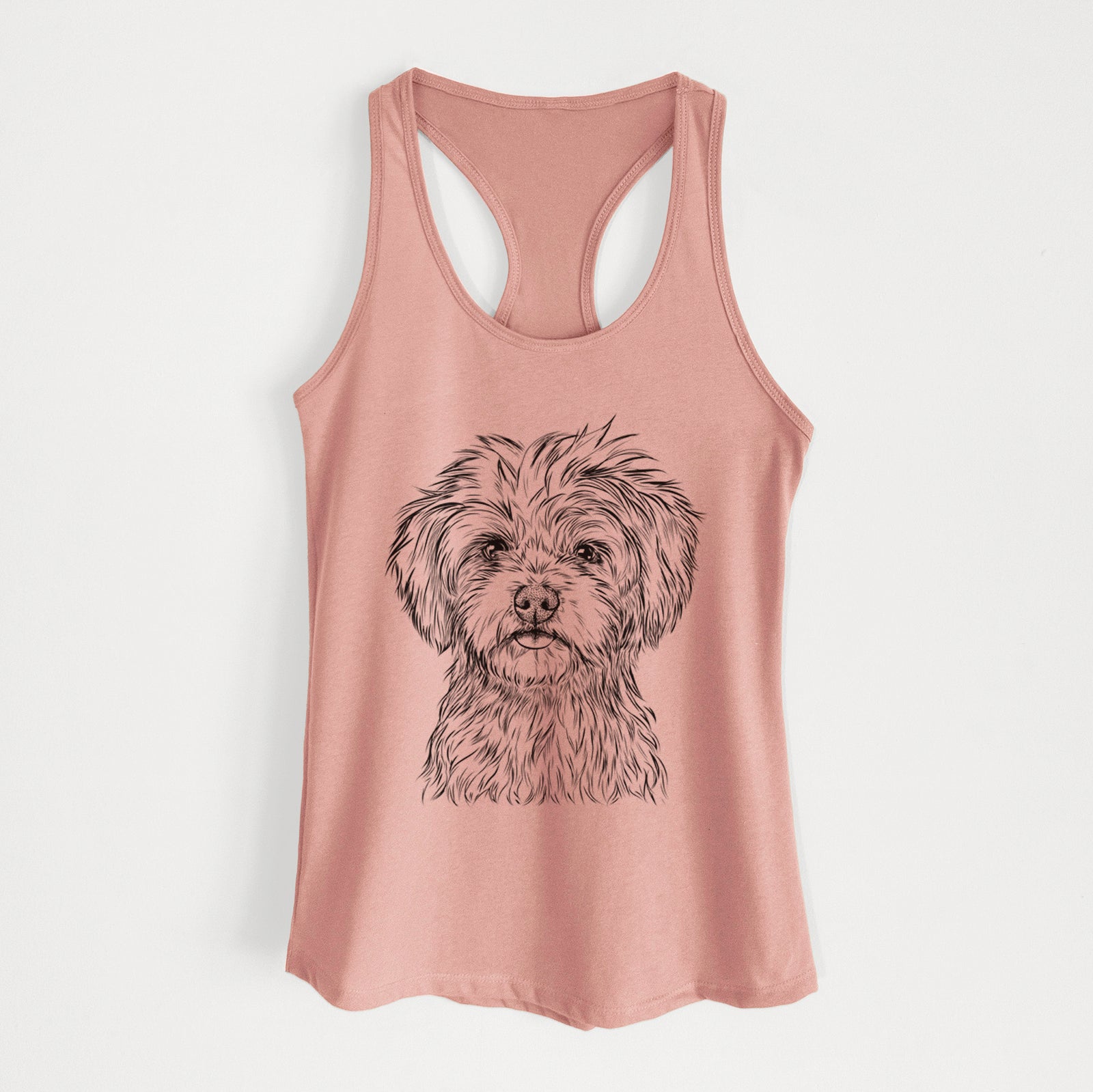 Hand-drawn sketch of Sammy the Shorkie on a Desert Pink Women's racerback tanktop
