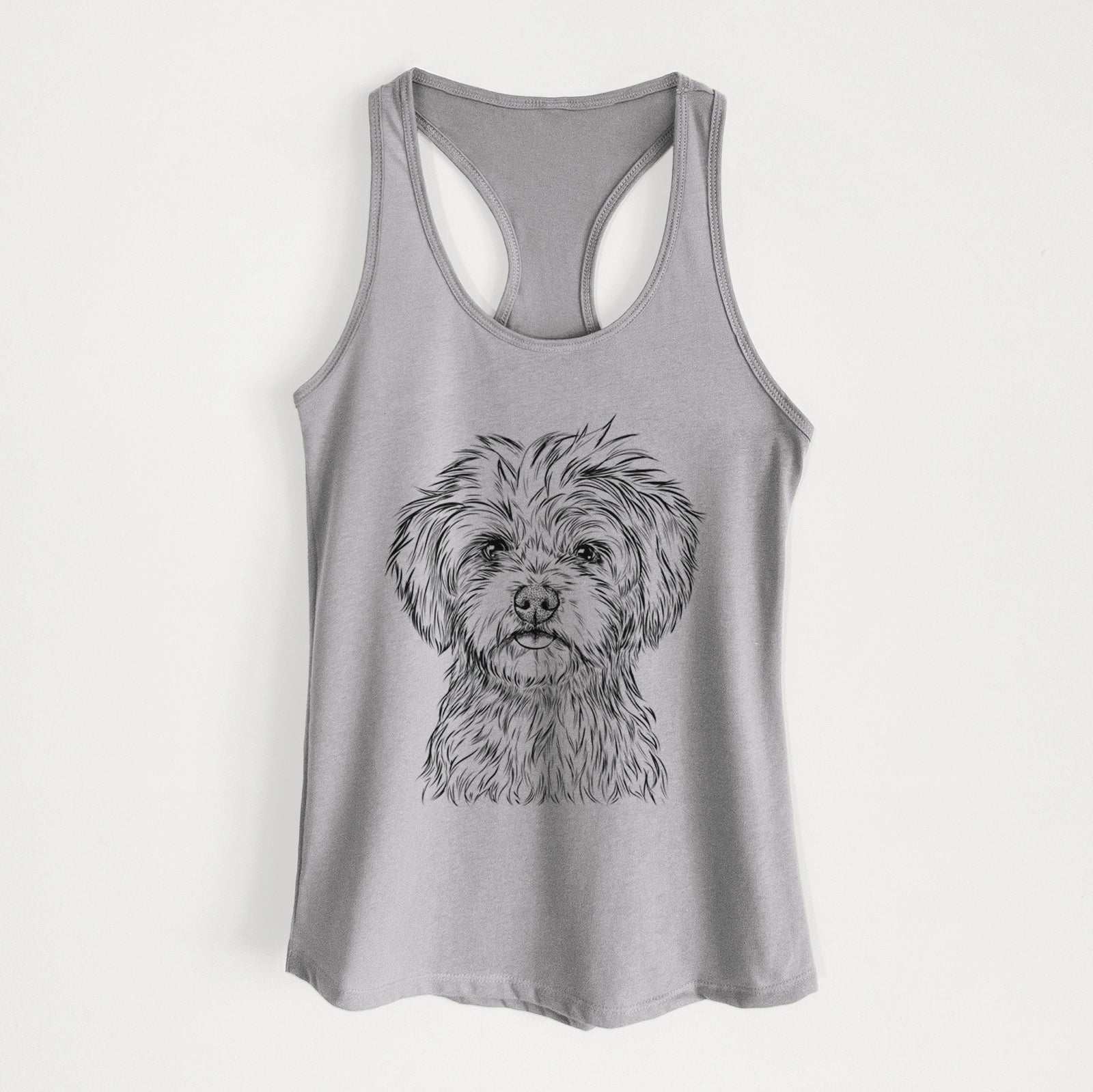 Hand-drawn sketch of Sammy the Shorkie on a Heather Grey Women's racerback tanktop