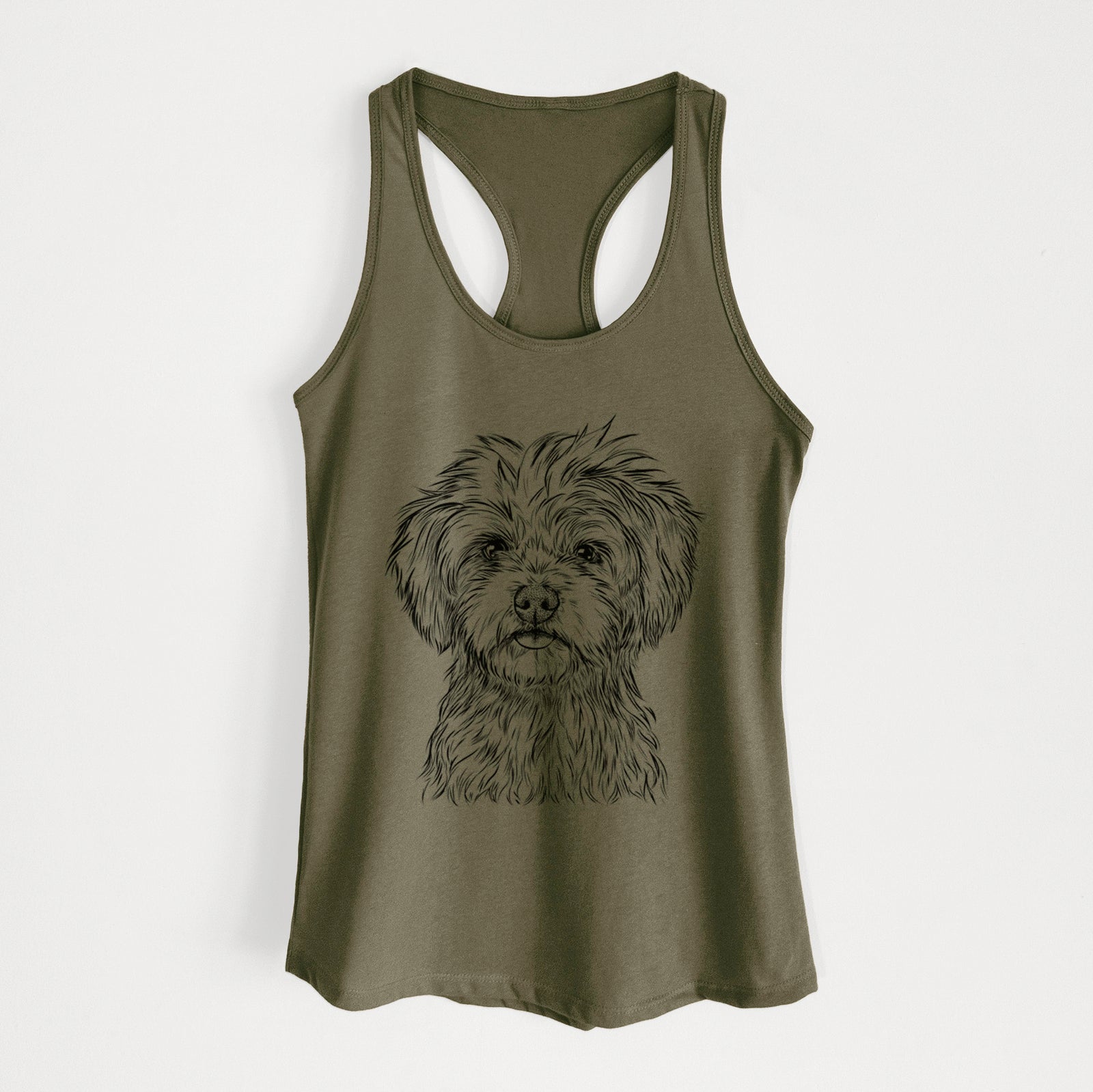 Hand-drawn sketch of Sammy the Shorkie on a Military Green Women's racerback tanktop