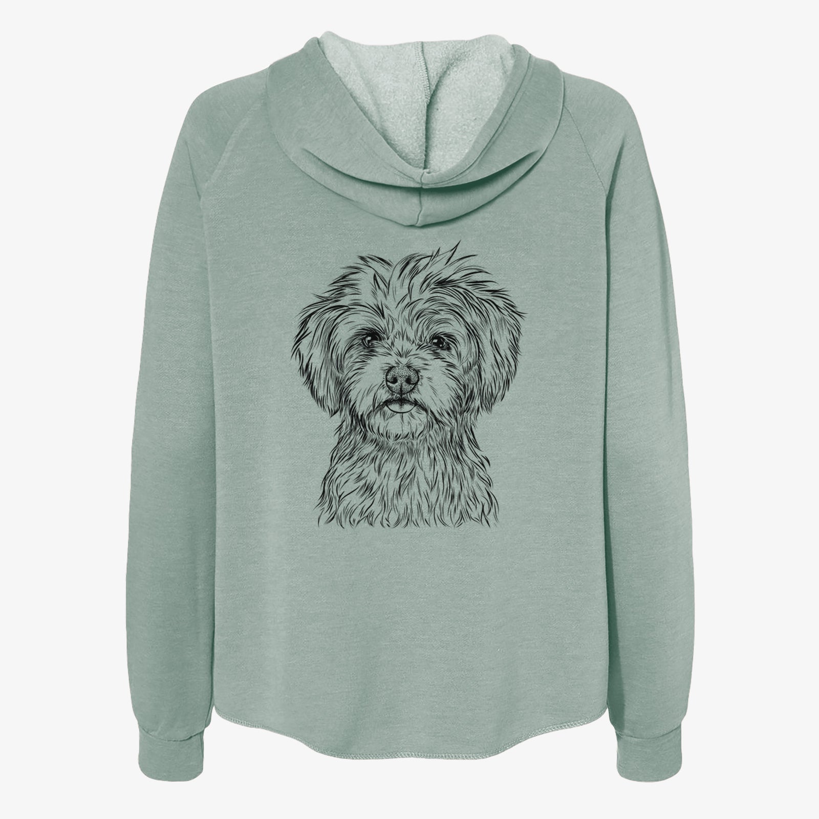 Hand-drawn sketch of Sammy the Shorkie on a Sage Women's cali wave zip-up sweatshirt